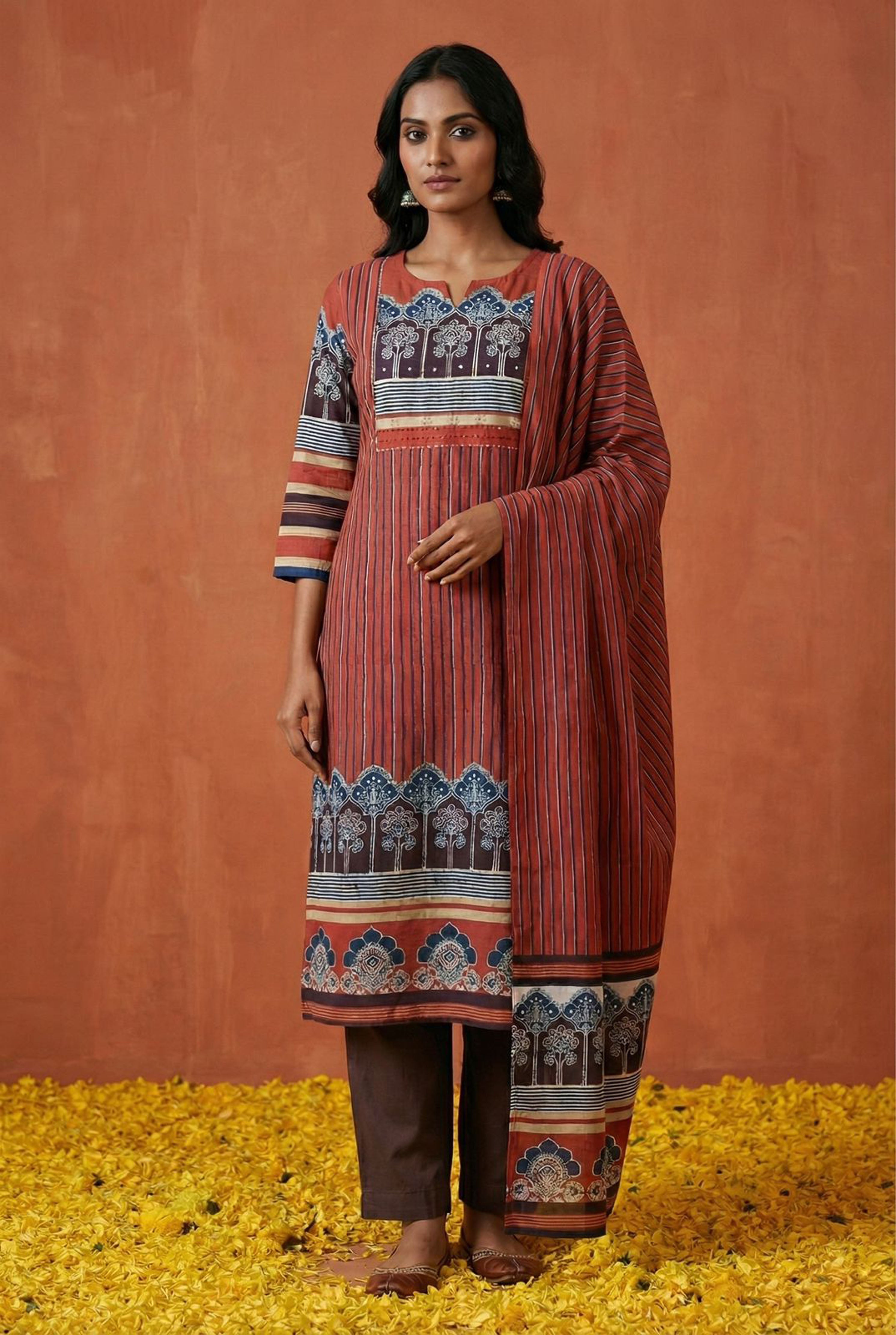 Red Straight Fit Cotton Suit Set (With Pants and Dupatta)