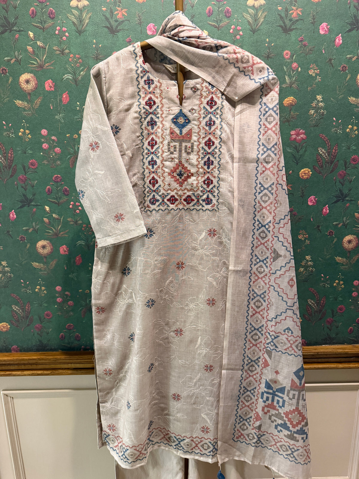 Warm Ivory Linen Embroidered Suit Set