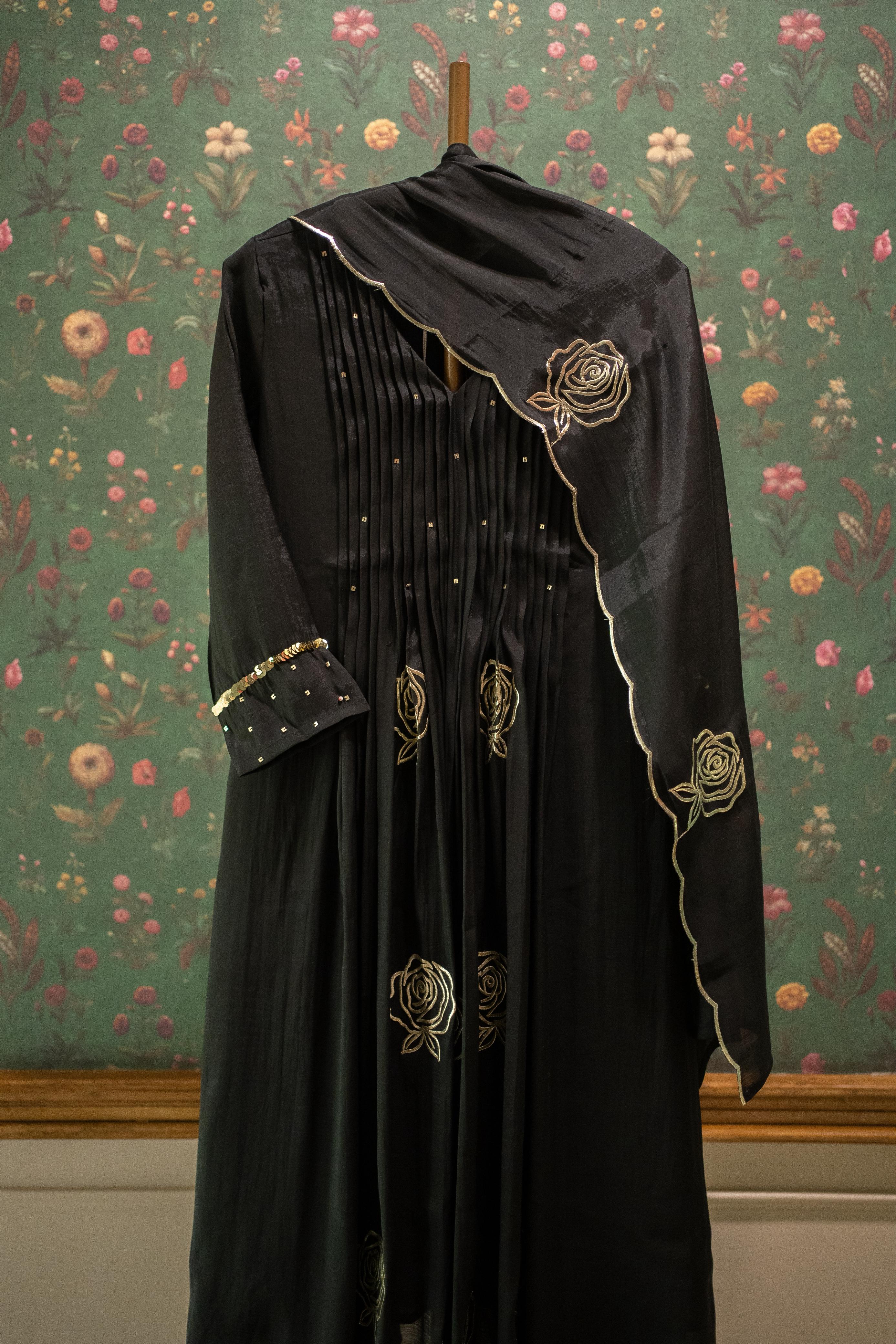 Black Rose Pintuck Palazzo Set with Scallop Dupatta | HER-587