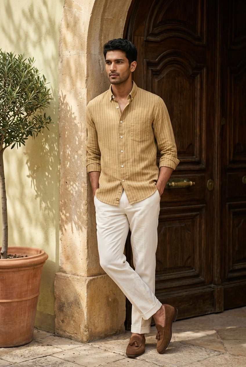 Tan Stripe Men’s Pure Linen Full Sleeves Shirt