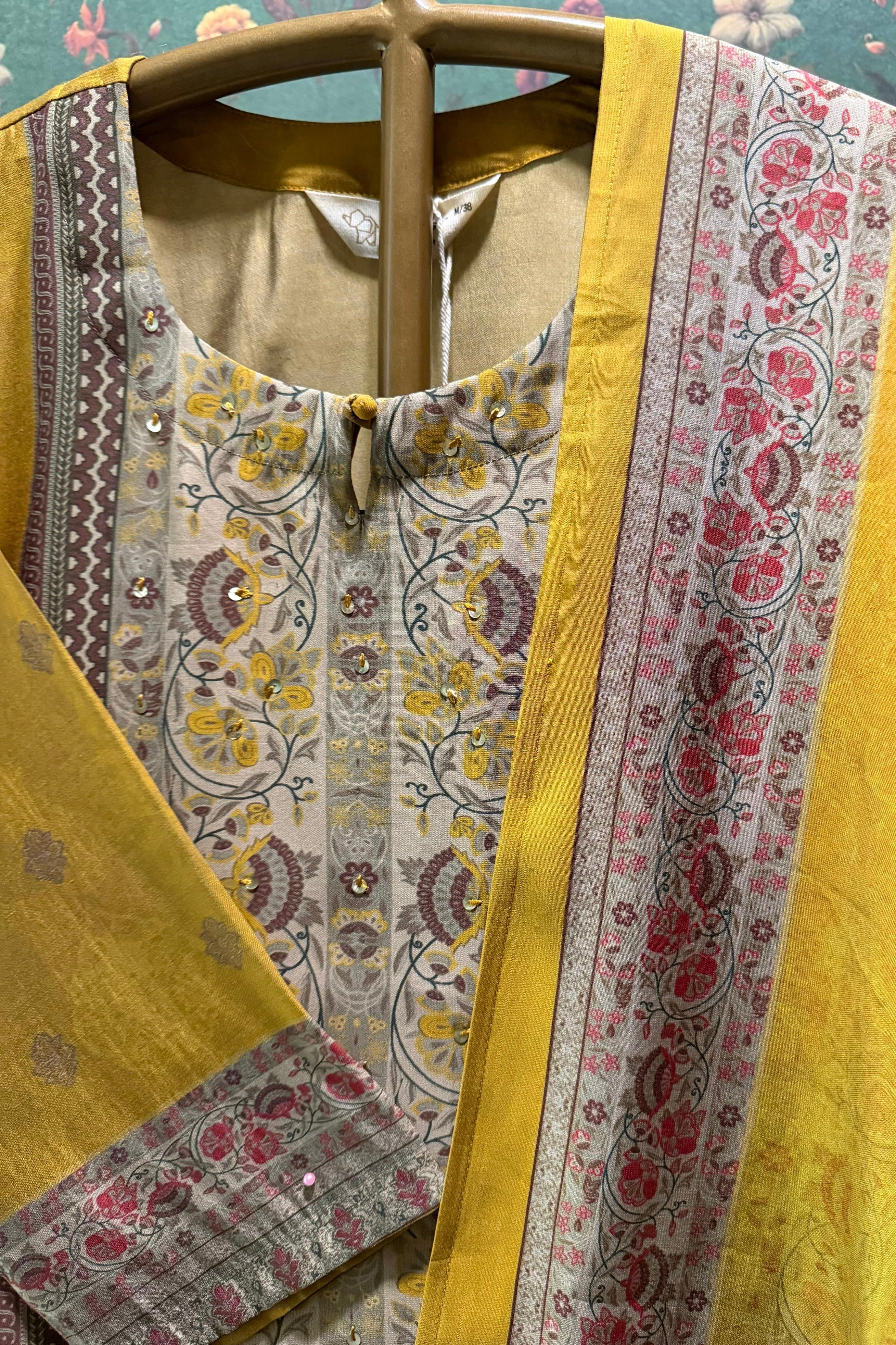 Mustard & Taupe Mughal Print Embellished Suit Set | HER-571