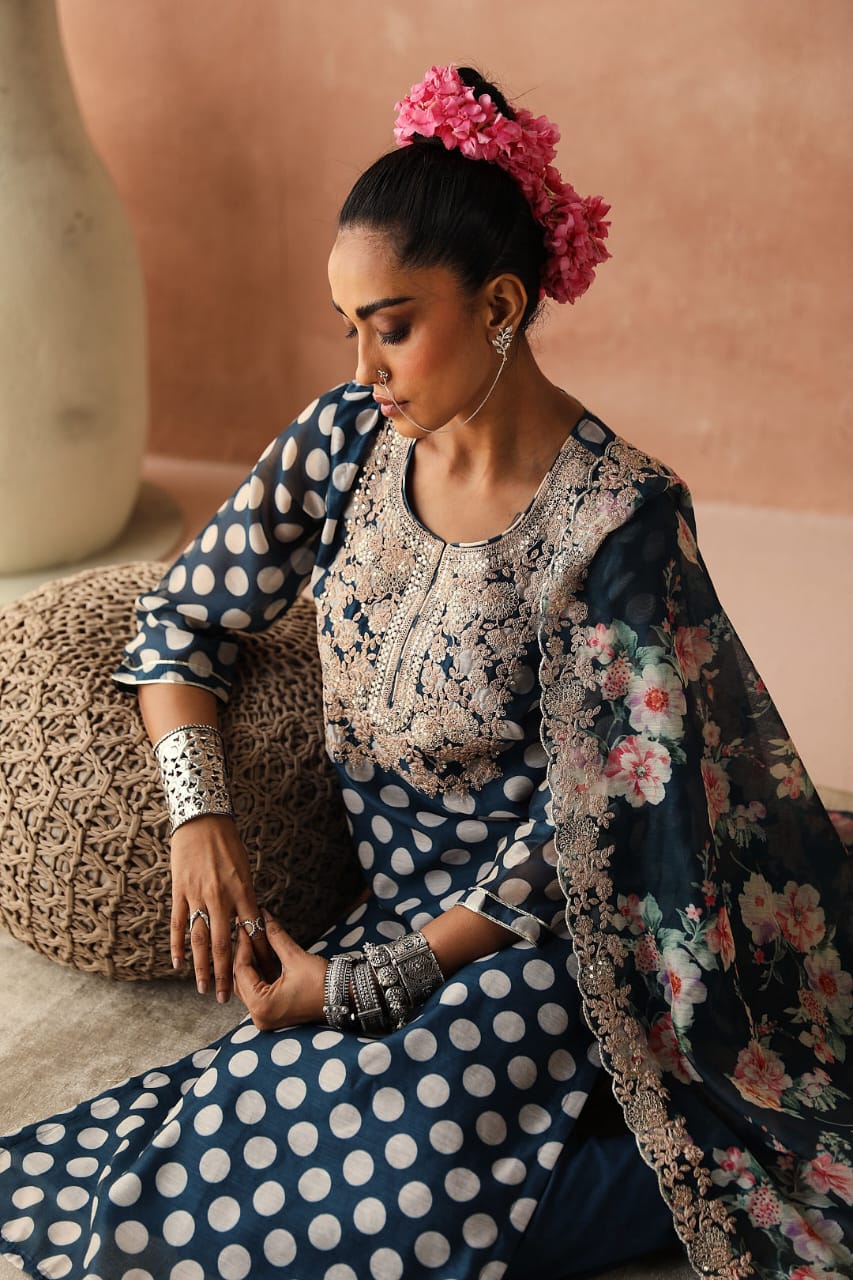Blue Polka Chanderi Kurta Set | HER-253