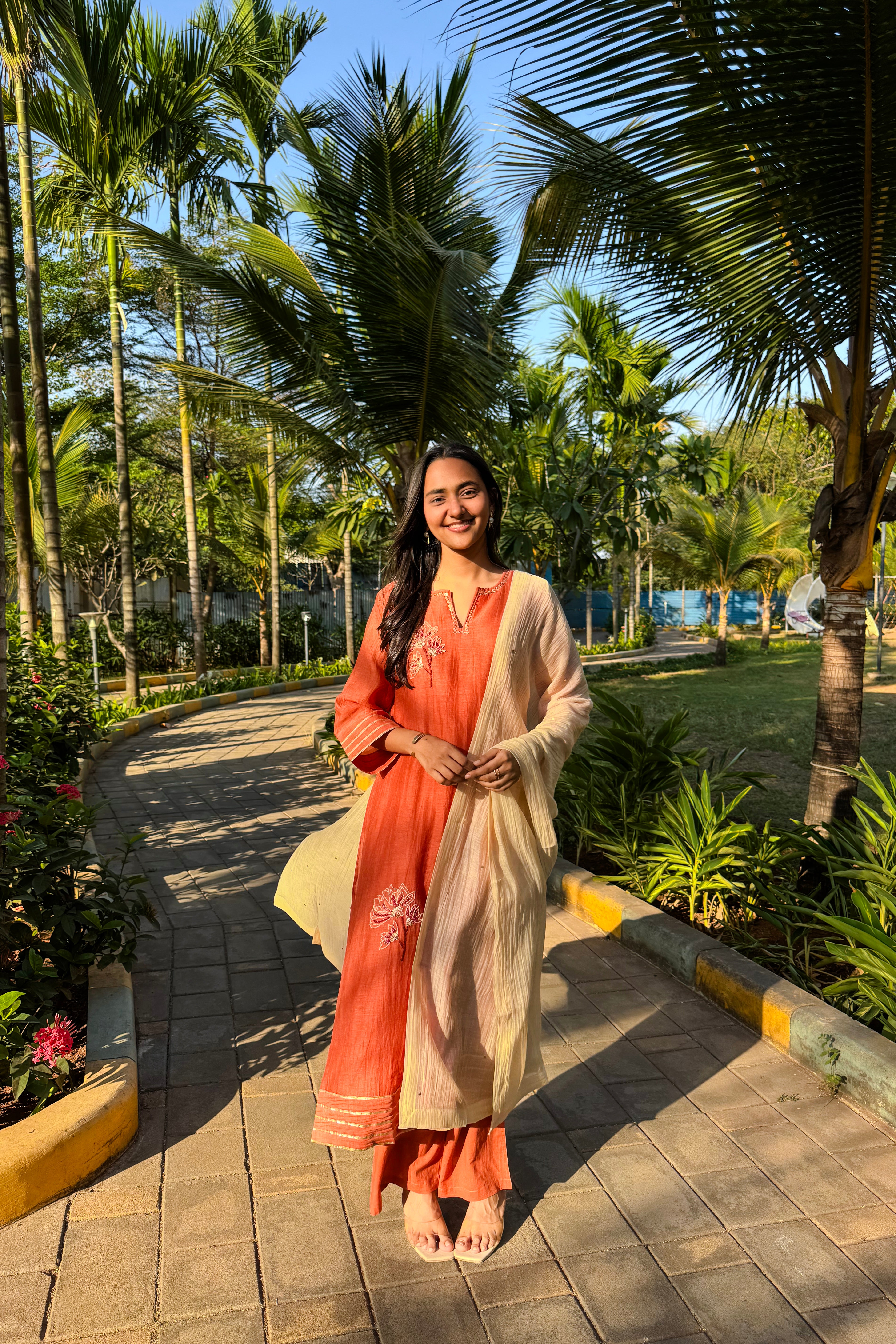 Rust Orange Embroidered A-Line Mul Chanderi Suit Set x Gargi Shah | HER-624