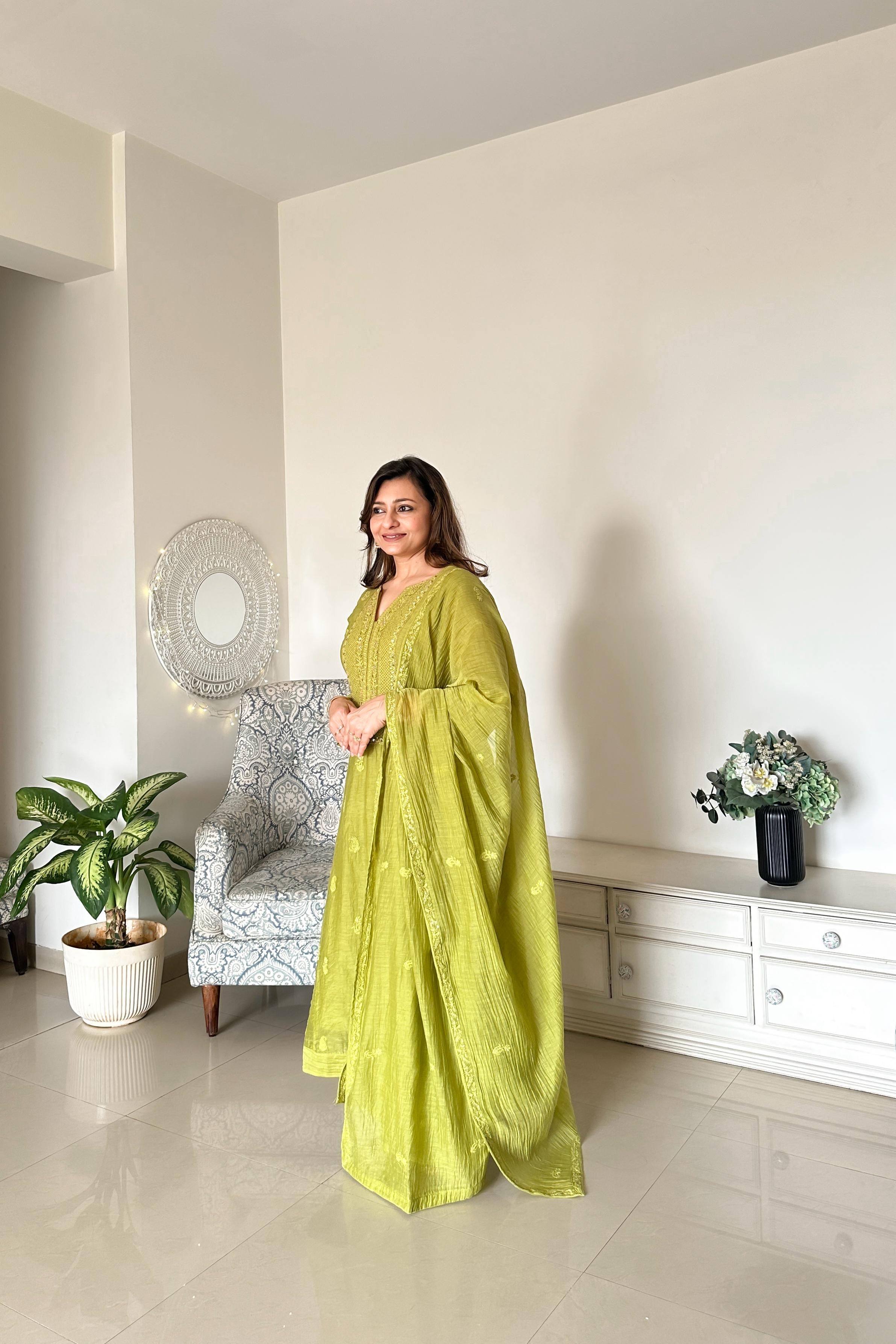 Mehndi Green Chikankari A-Line Mul Chanderi Suit Set | HER-627
