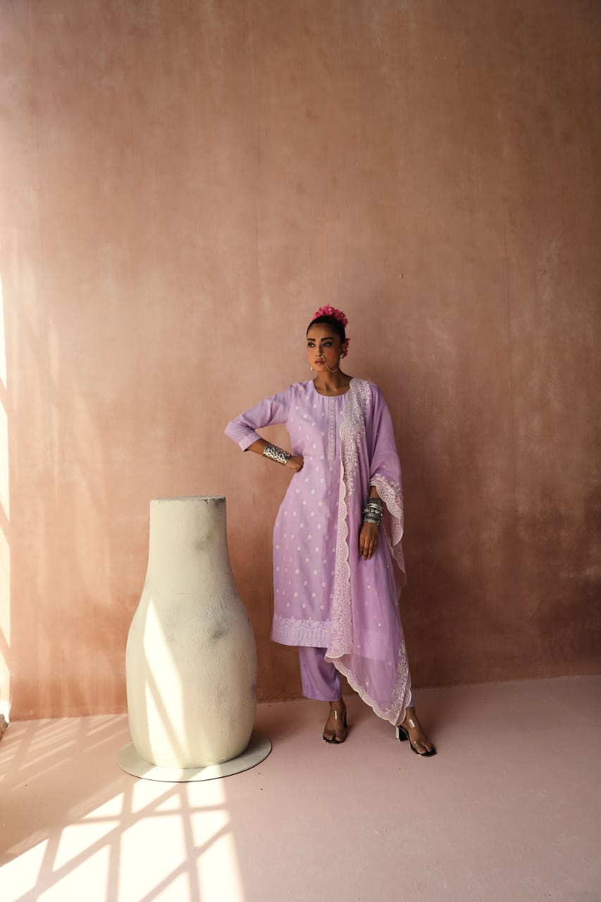 Lavender Straight Fit Cotton Silk Suit Set | HER-236