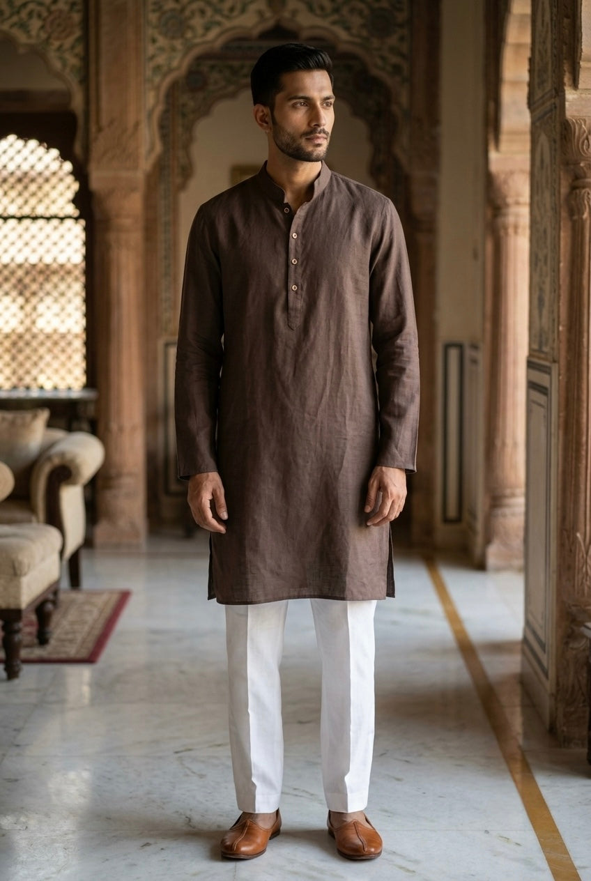 Men’s Pure Linen Kurta Pajama Set - Dark Chocolate Brown