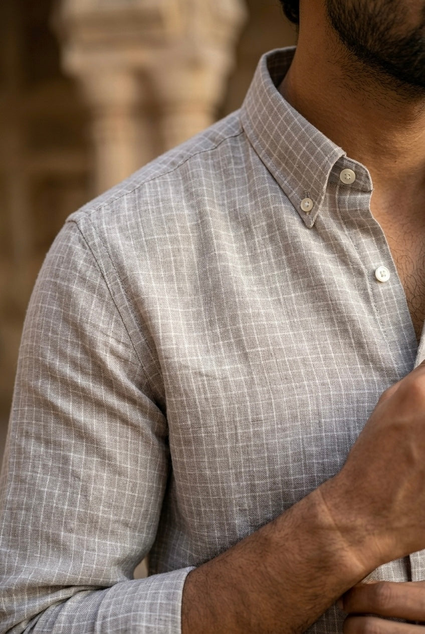 Men’s Dove Grey Check Pure Linen Full Sleeves Shirt