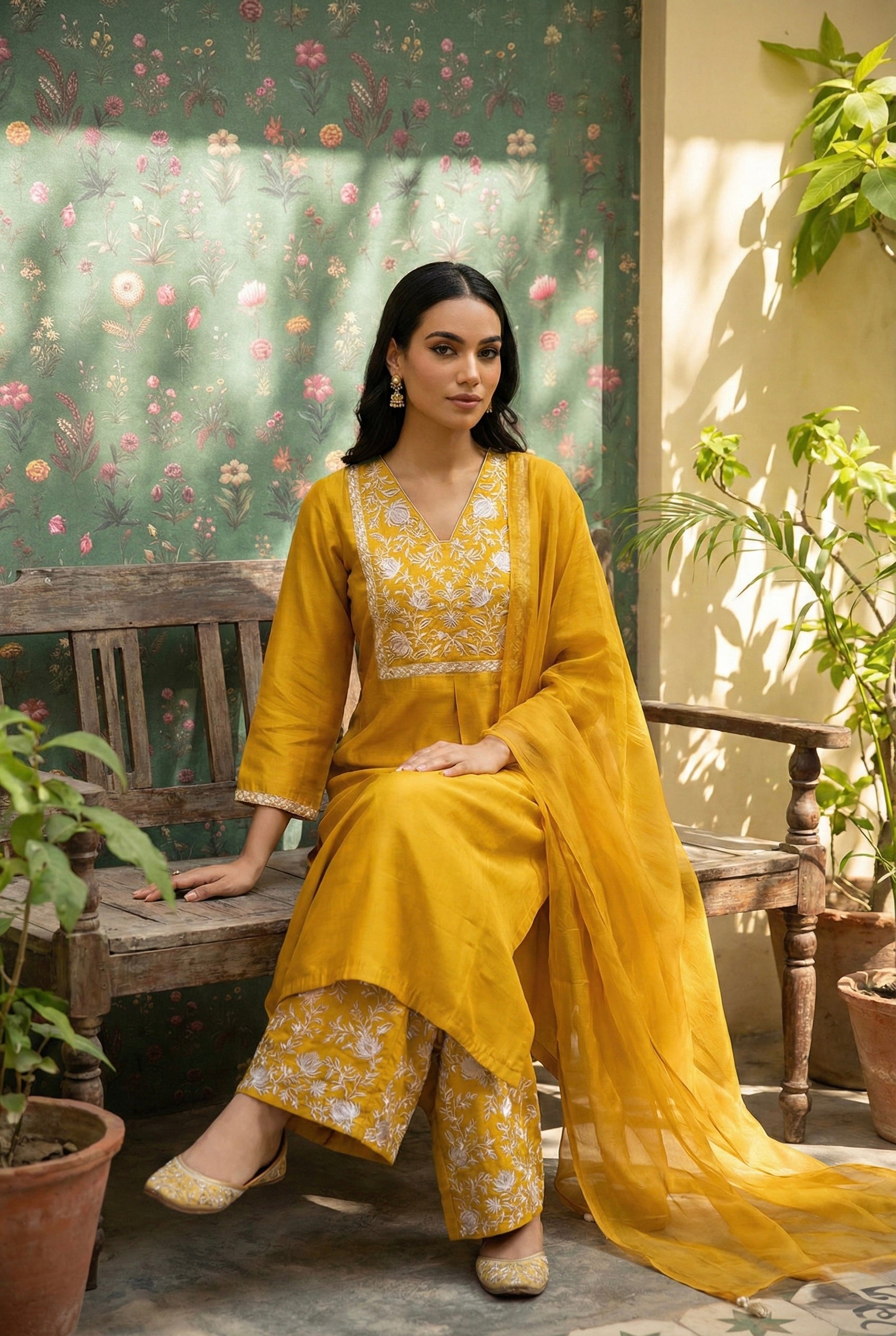 Saanjh Mustard Modal Silk Embroidered Suit Set | HER-553