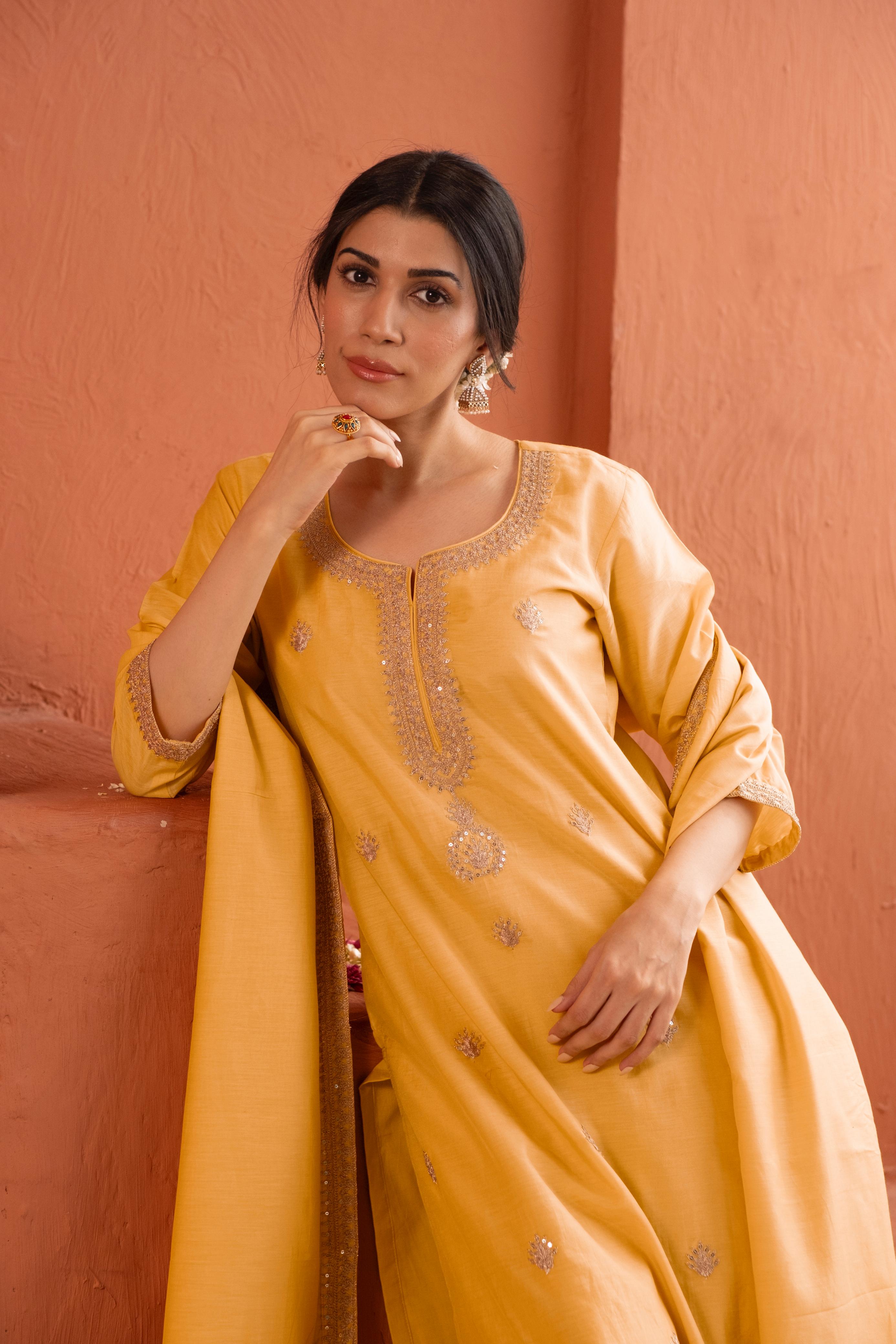 Aafreen Yellow Mul Chanderi Embroidered Suit Set | HER-543