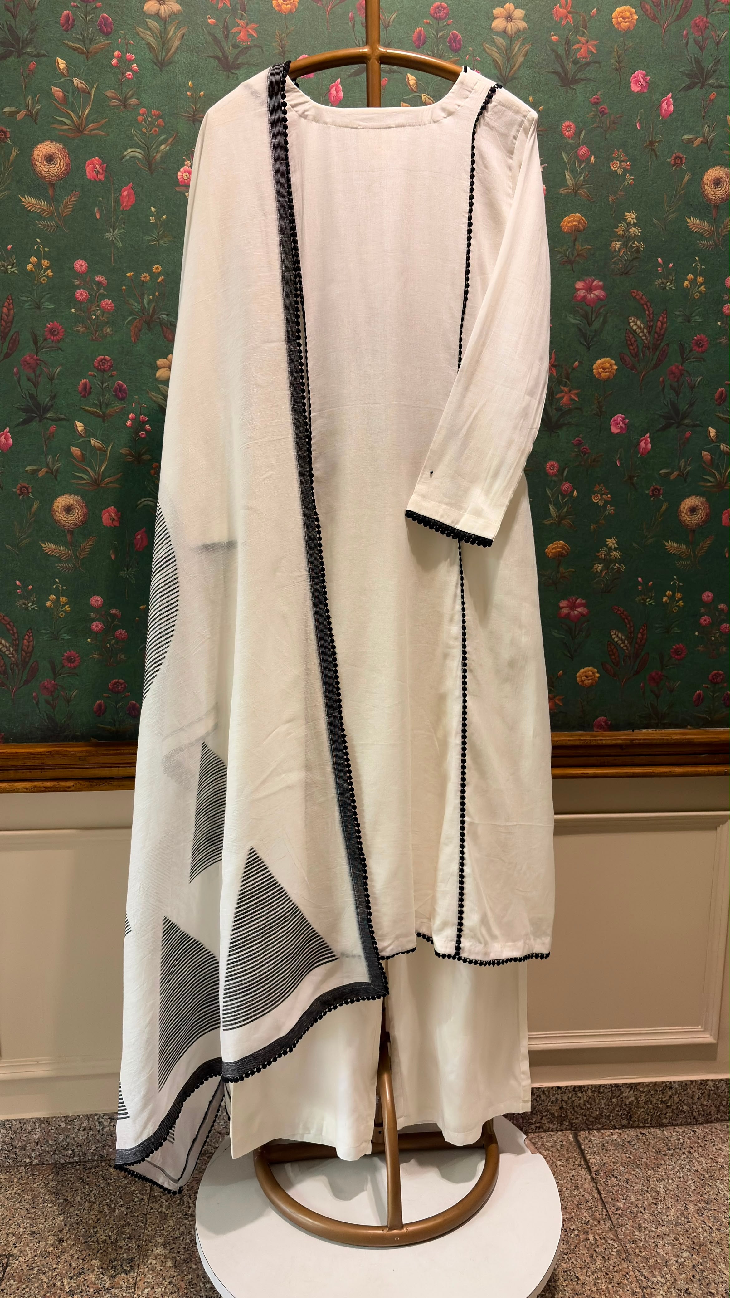 Ivory & Black Pure Linen A-line Suit Set | HER-823