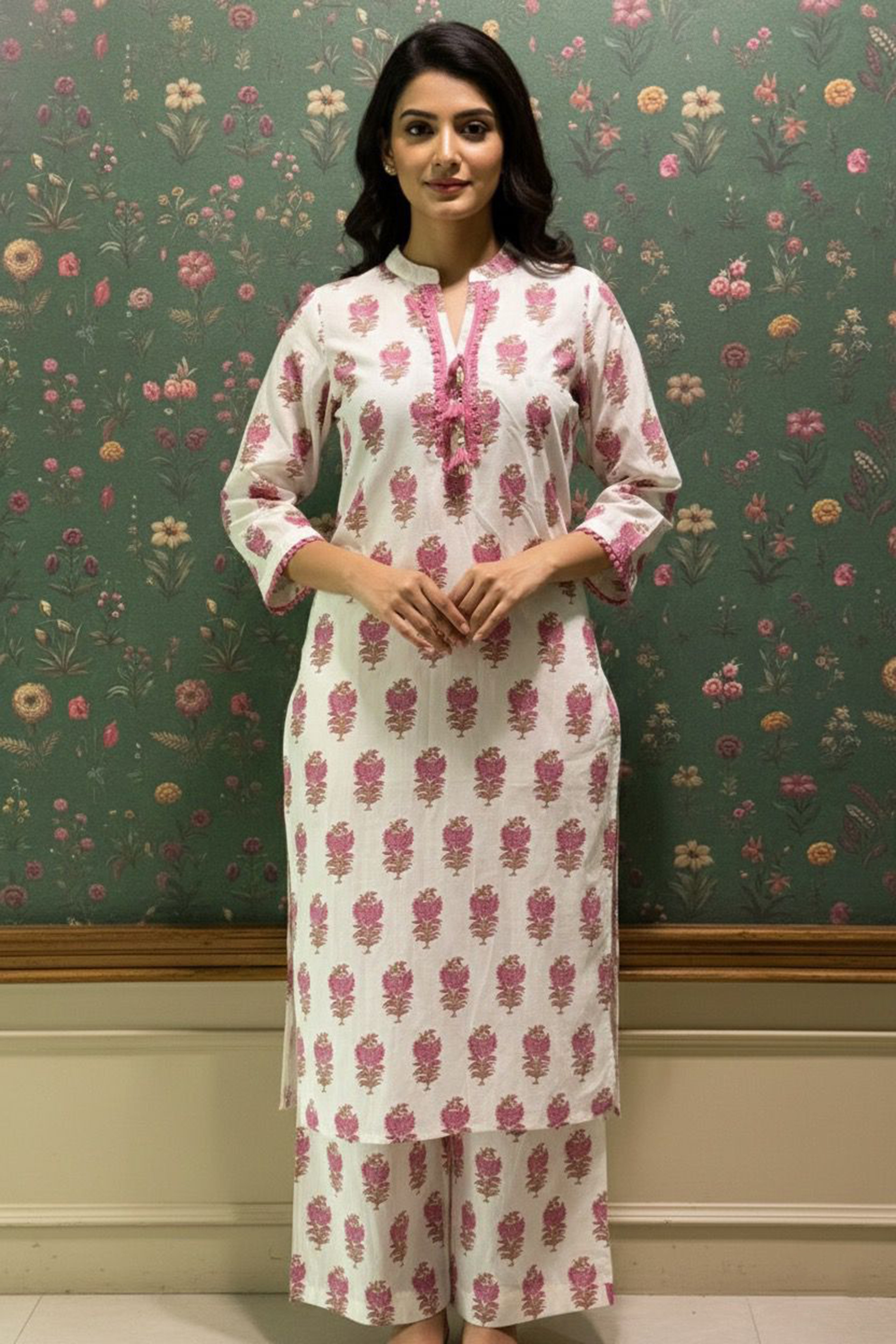 Cream & Pink Straight fit Cotton Kurta set | HER-513