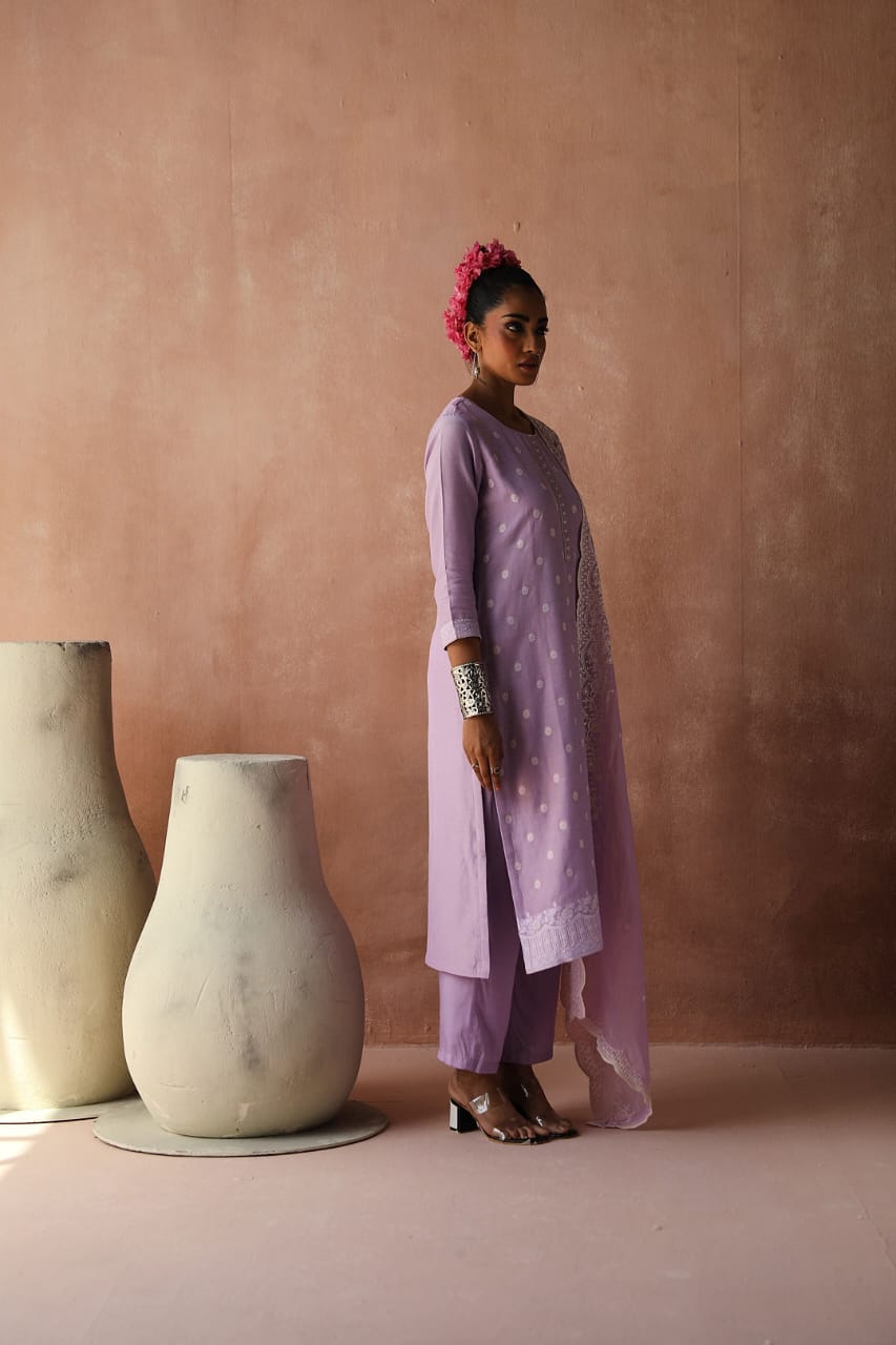 Lavender Straight Fit Cotton Silk Suit Set | HER-236