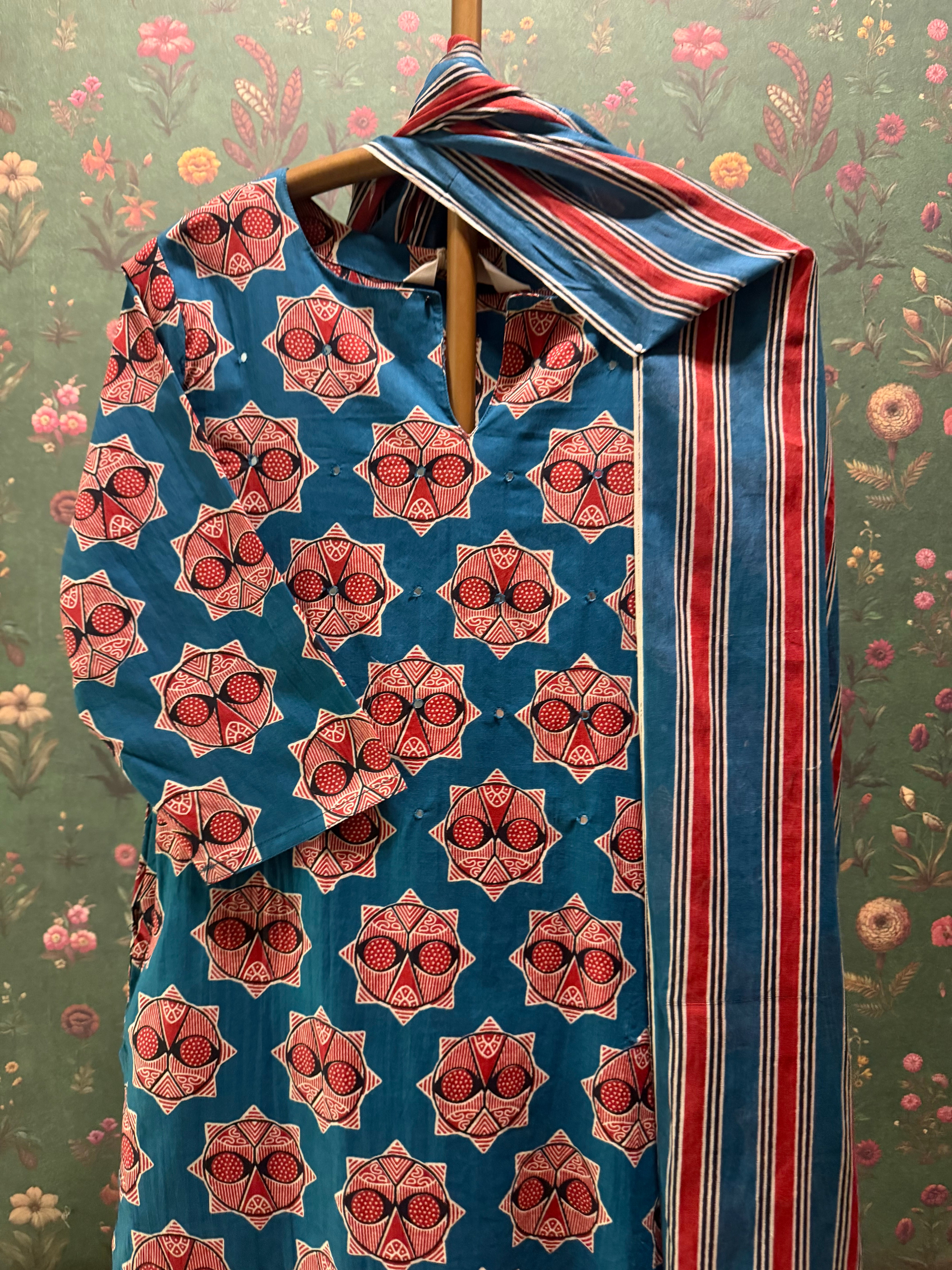 Floral Teal Blue Cotton Printed Suit Set | HER-724