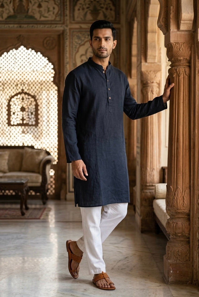 Men’s Pure Linen Kurta Pajama Set – Black