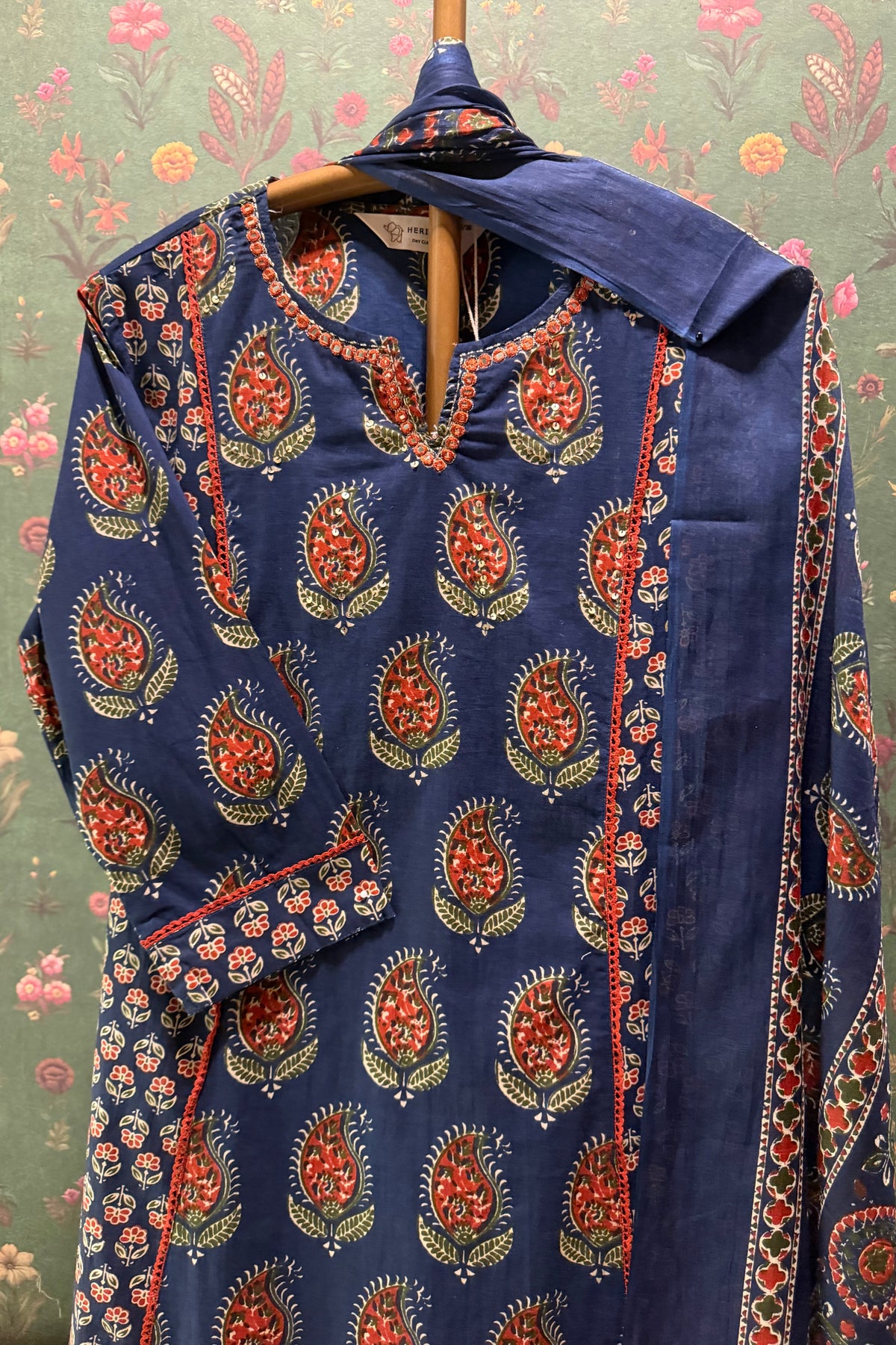 Indigo Blue Paisley Printed A-Line Cotton Suit Set | HER-720