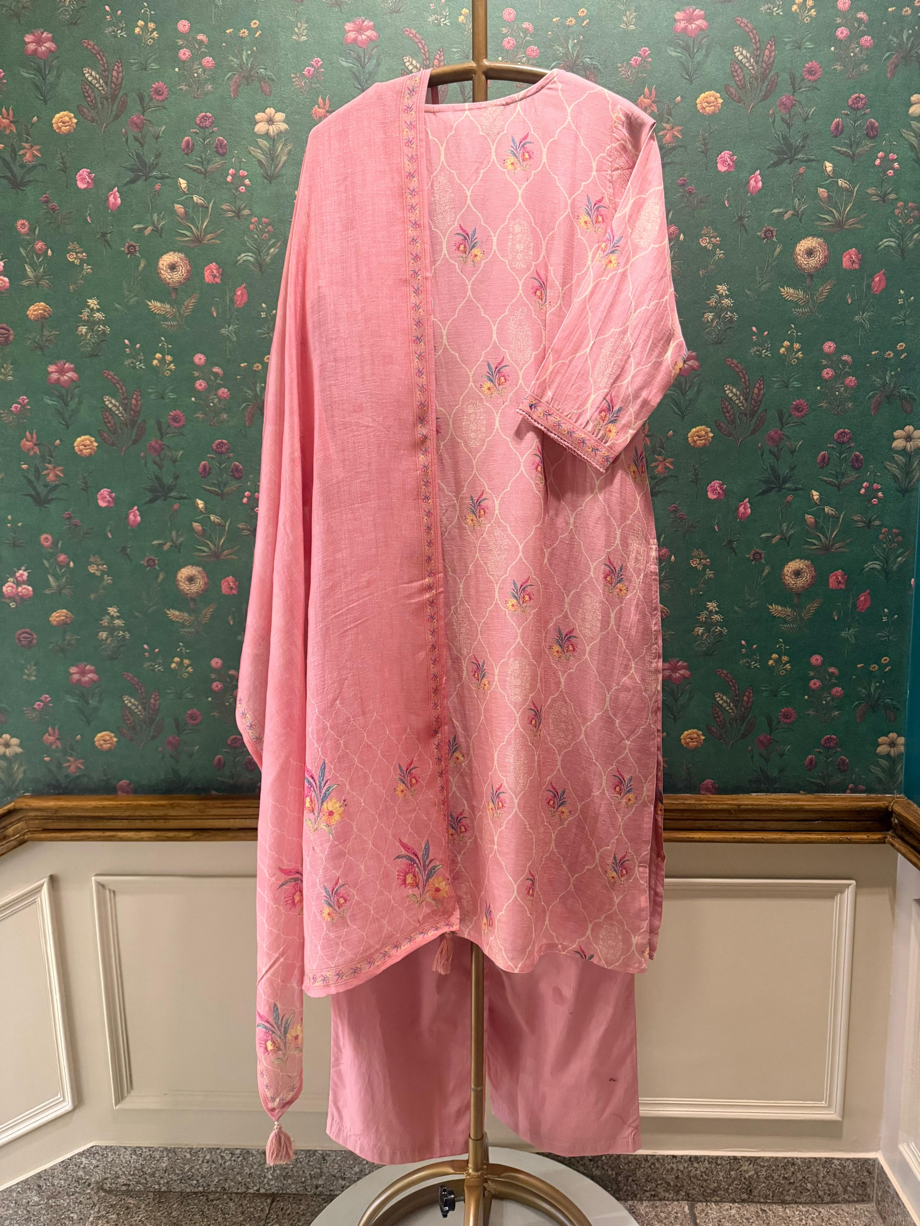 Blush Pink Printed Cotton Linen Suit Set | HER-769