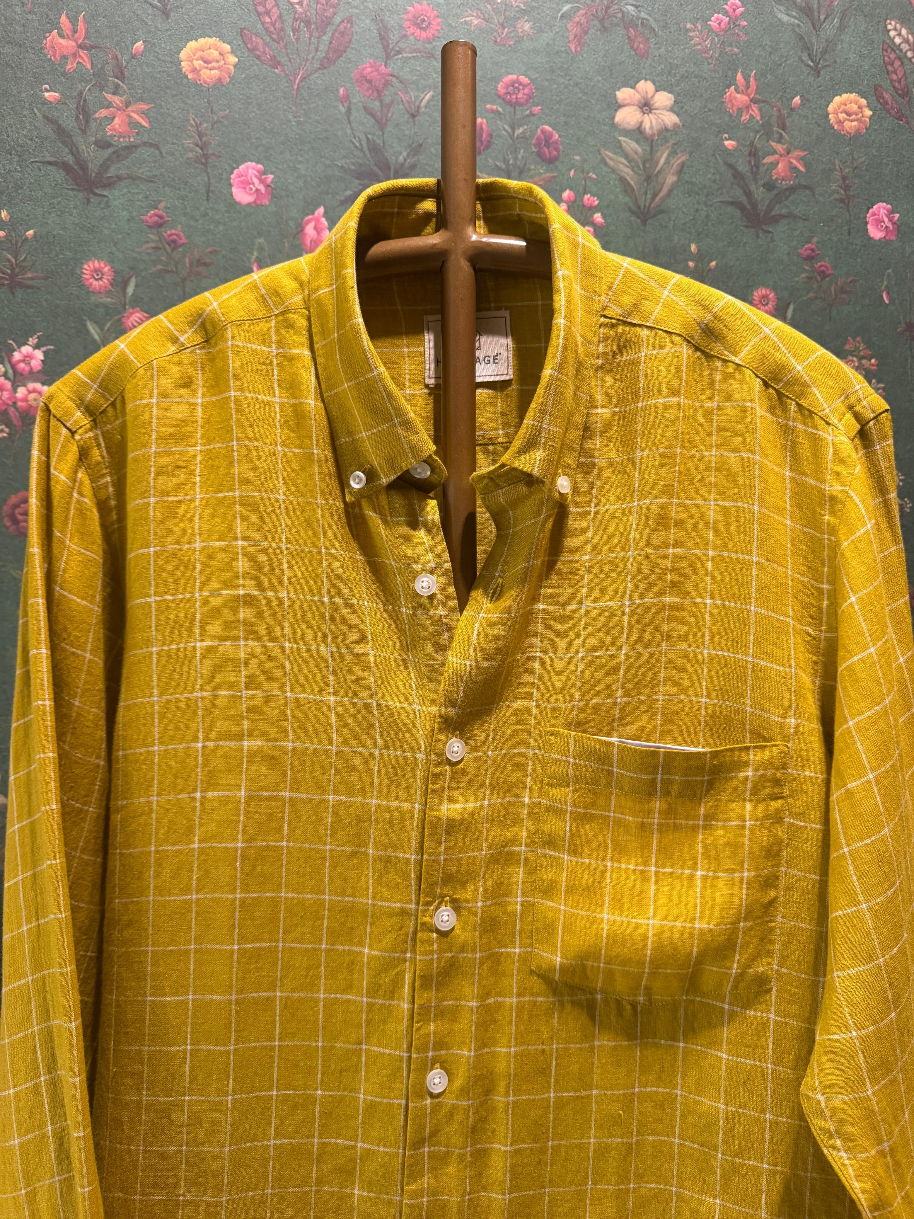 Mustard Yellow Check Men’s Pure Linen Full Sleeves Shirt