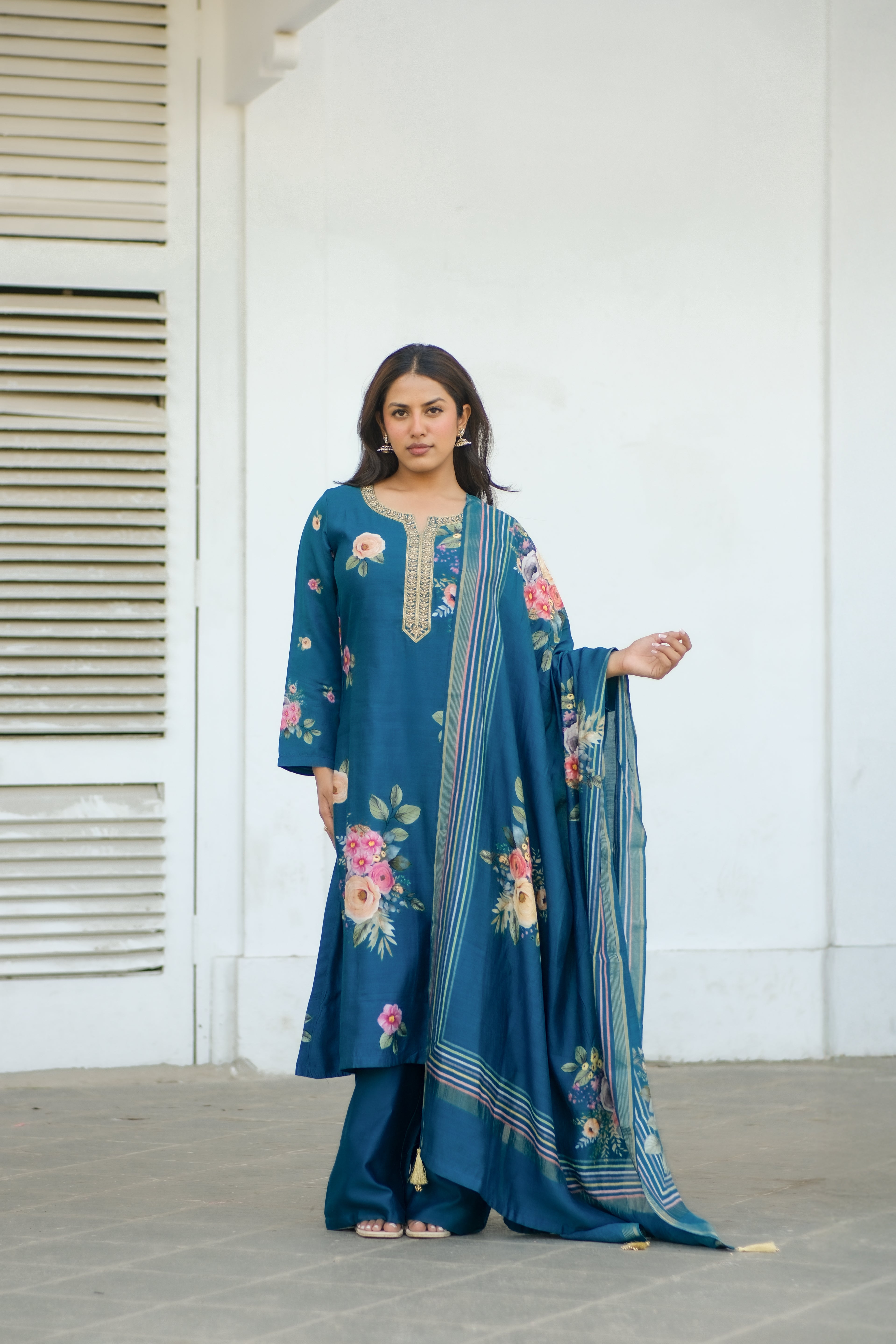 Emerald Teal Blue Floral Chanderi Suit Set x Celina | HER-606