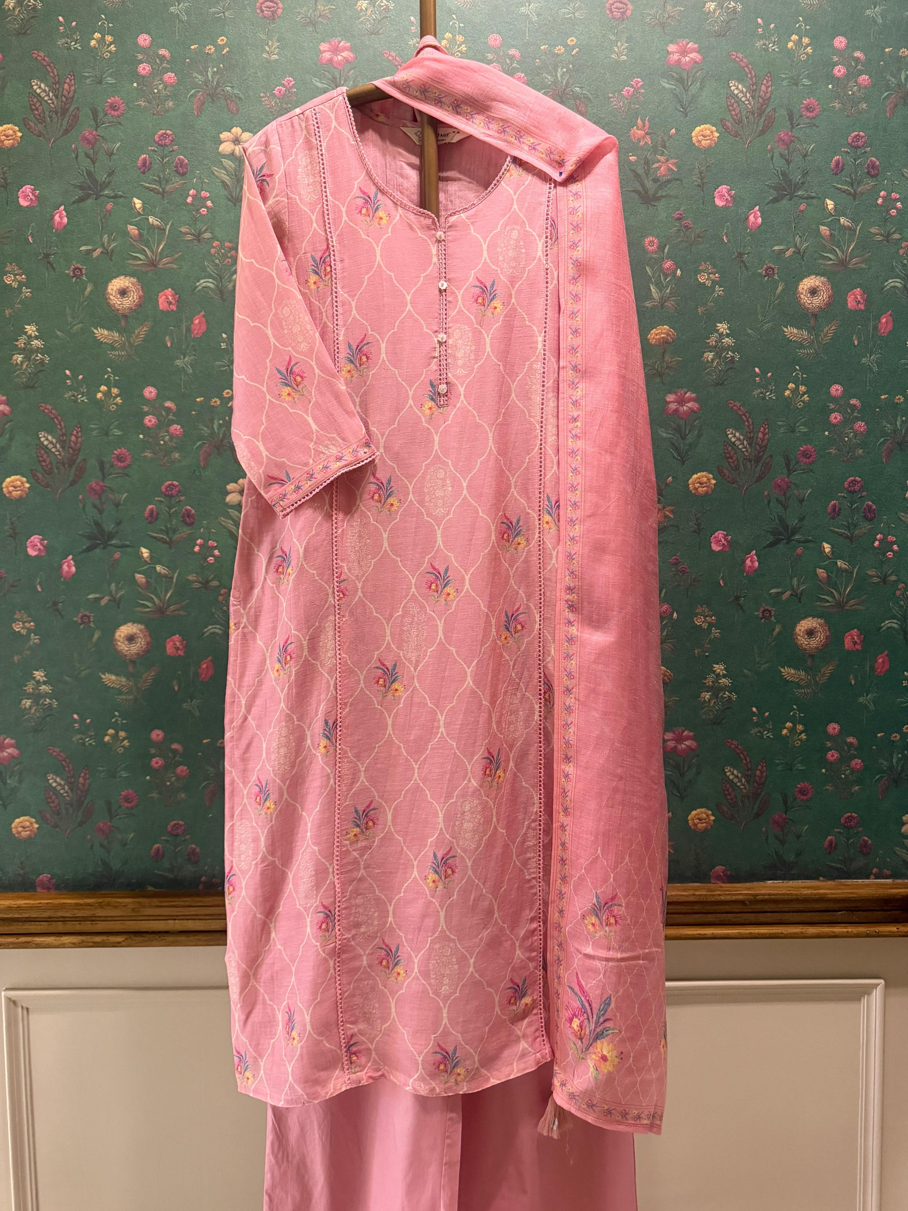 Blush Pink Printed Cotton Linen Suit Set | HER-769