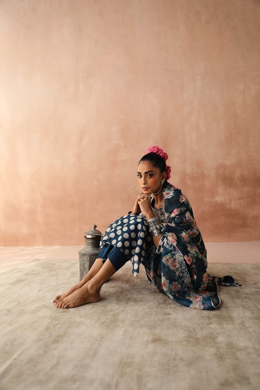 Blue Polka Chanderi Kurta Set | HER-253