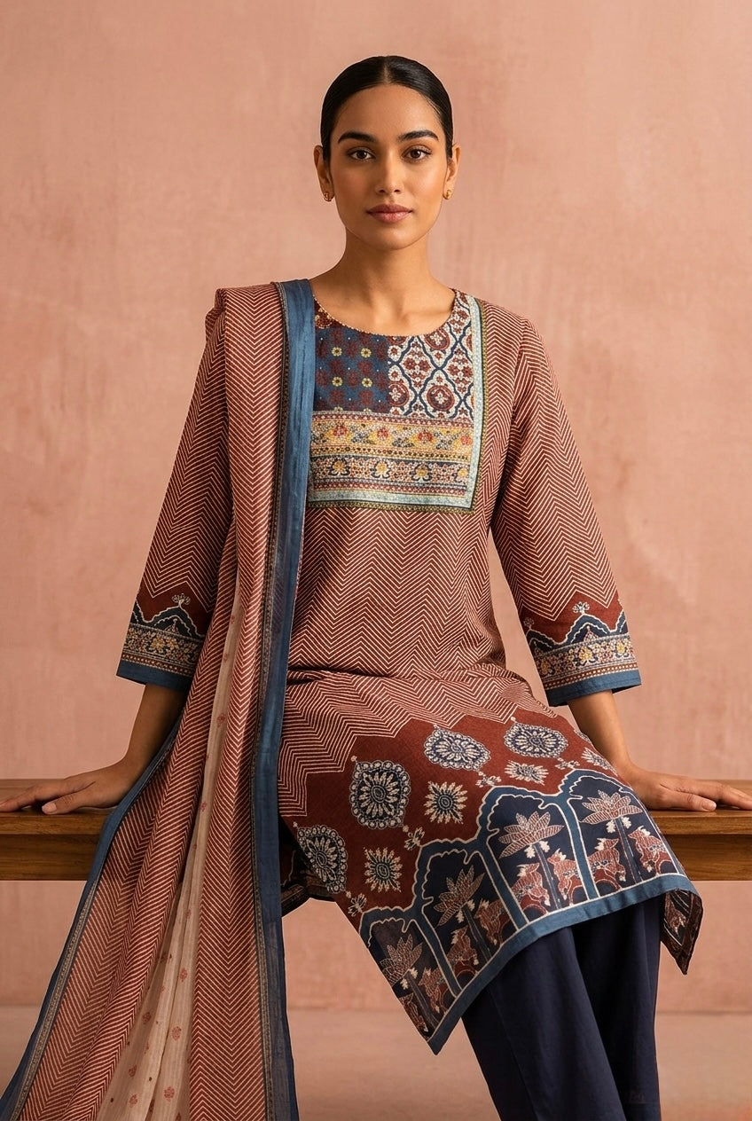 Maroon Straight Fit Cotton Suit Set (With Pants and Dupatta)