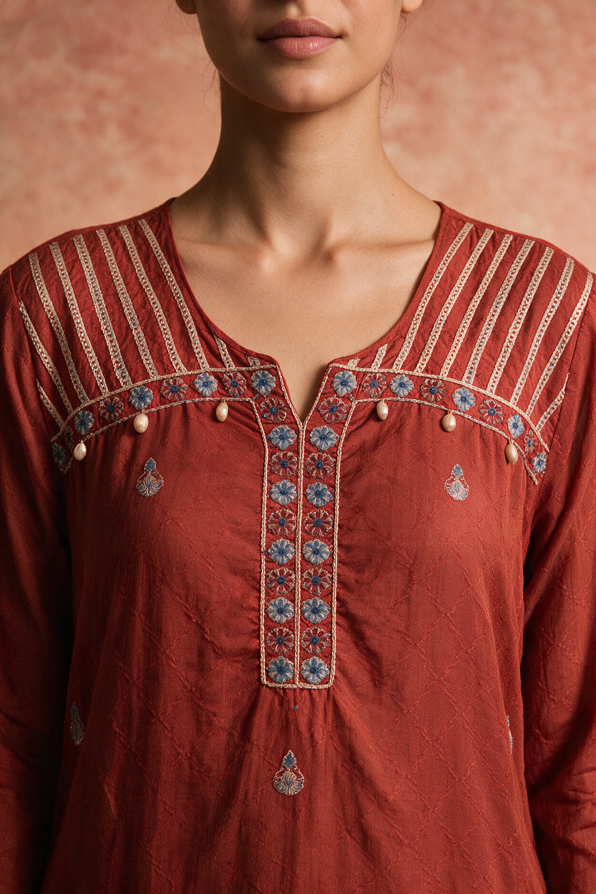 Rust Orange Embroidered Pure Cotton Suit Set