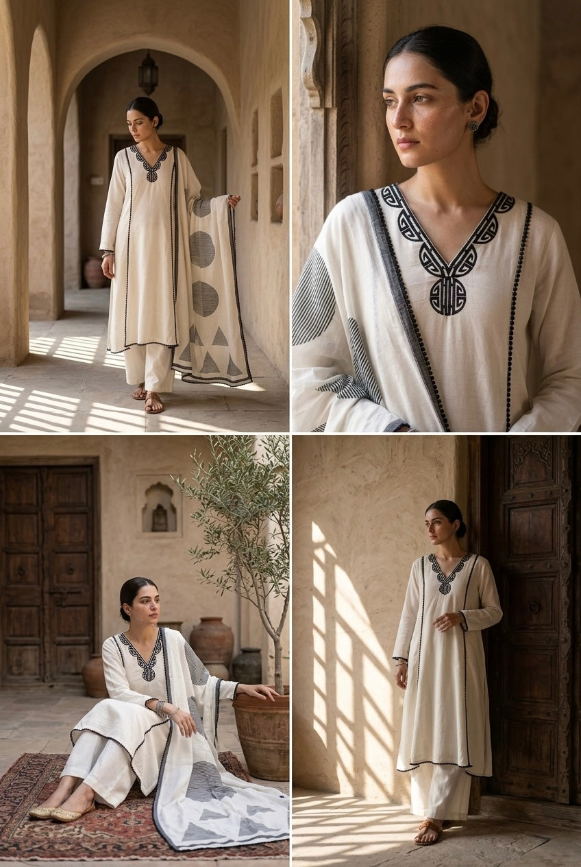 Ivory & Black Pure Linen A-line Suit Set | HER-823