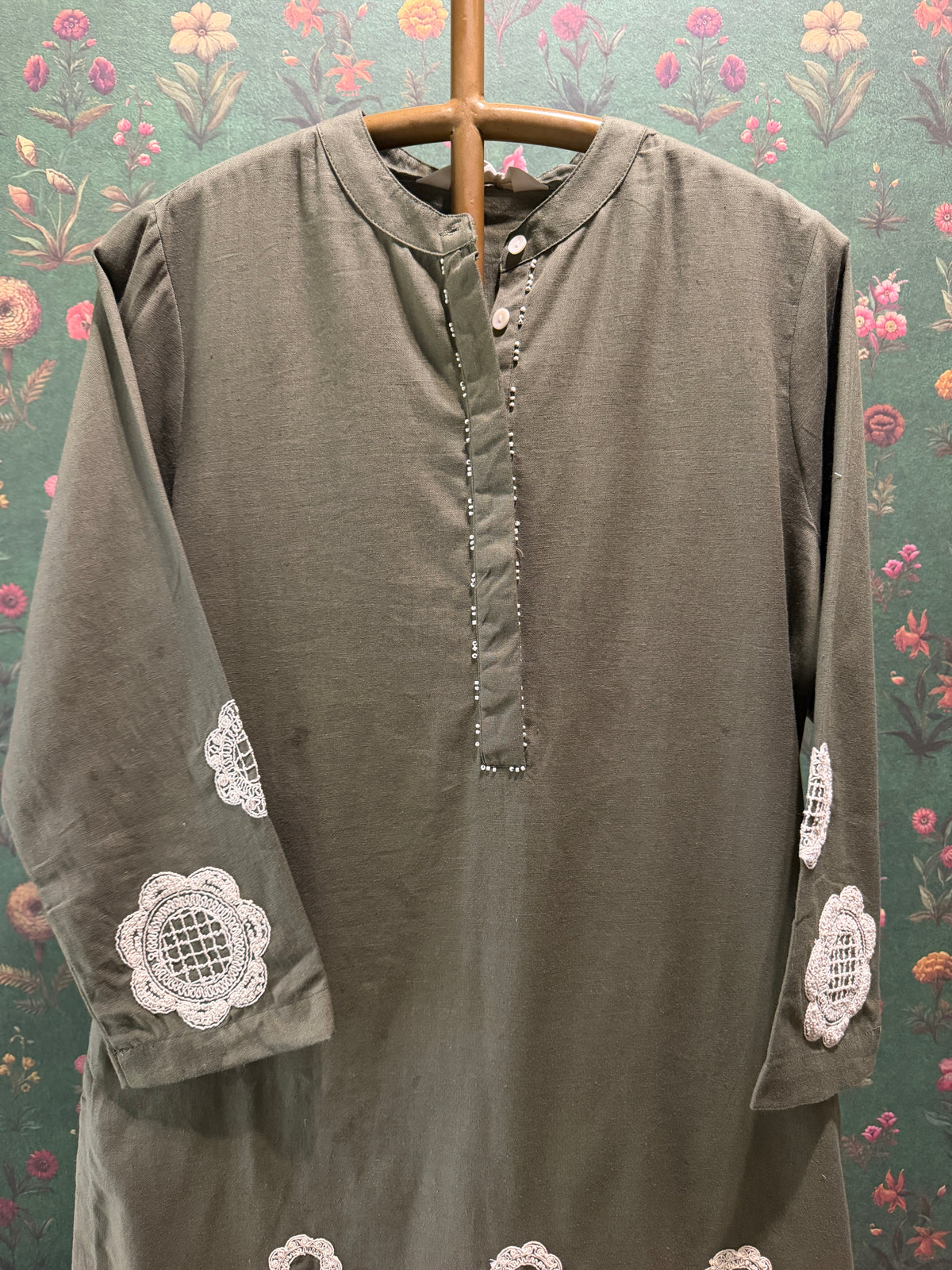 Olive Green Appliqué Khadi Cotton Kurta/Co-ord Set