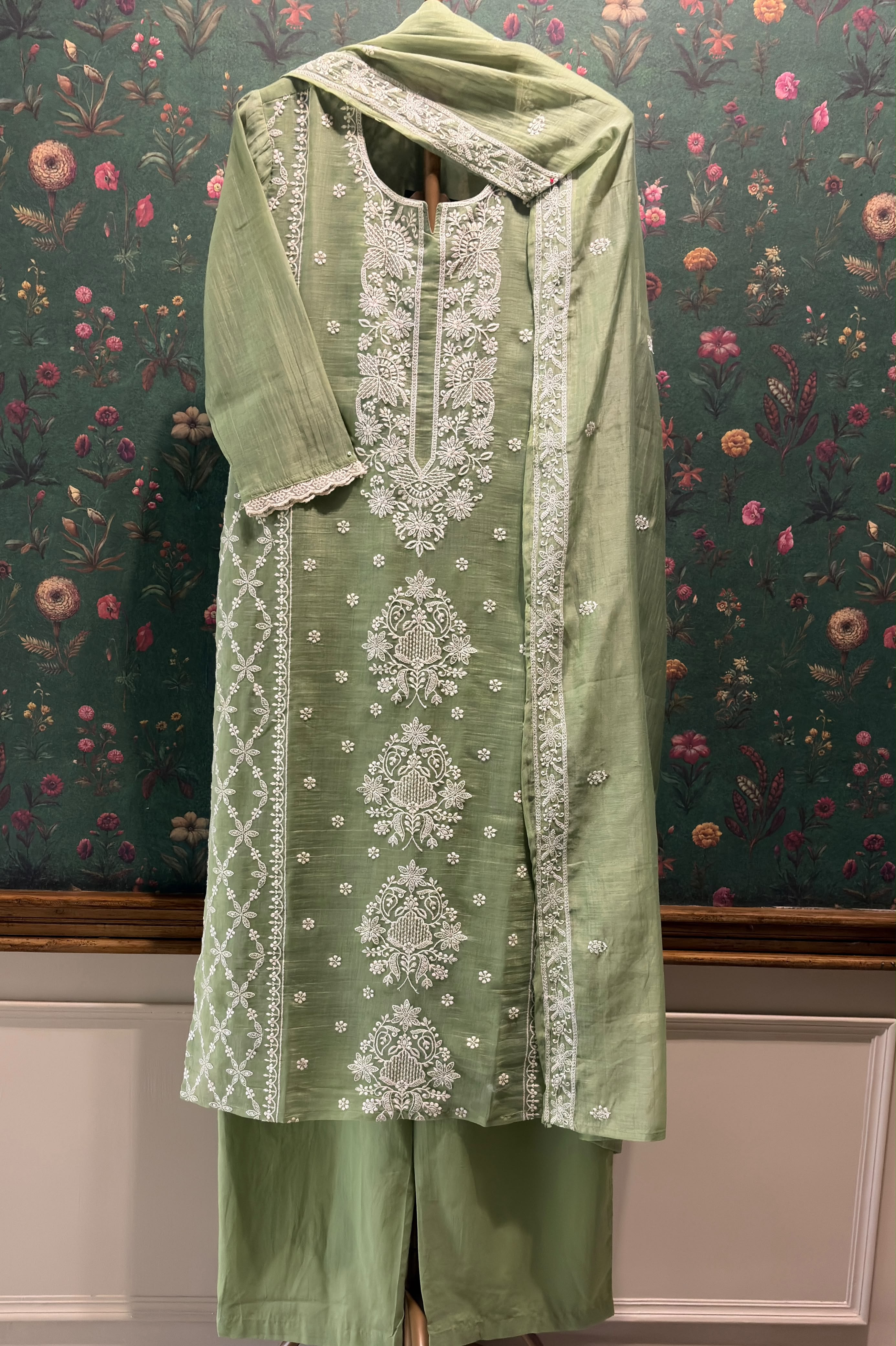 Pistachio Green Embroidered Mul-Chanderi Suit Set