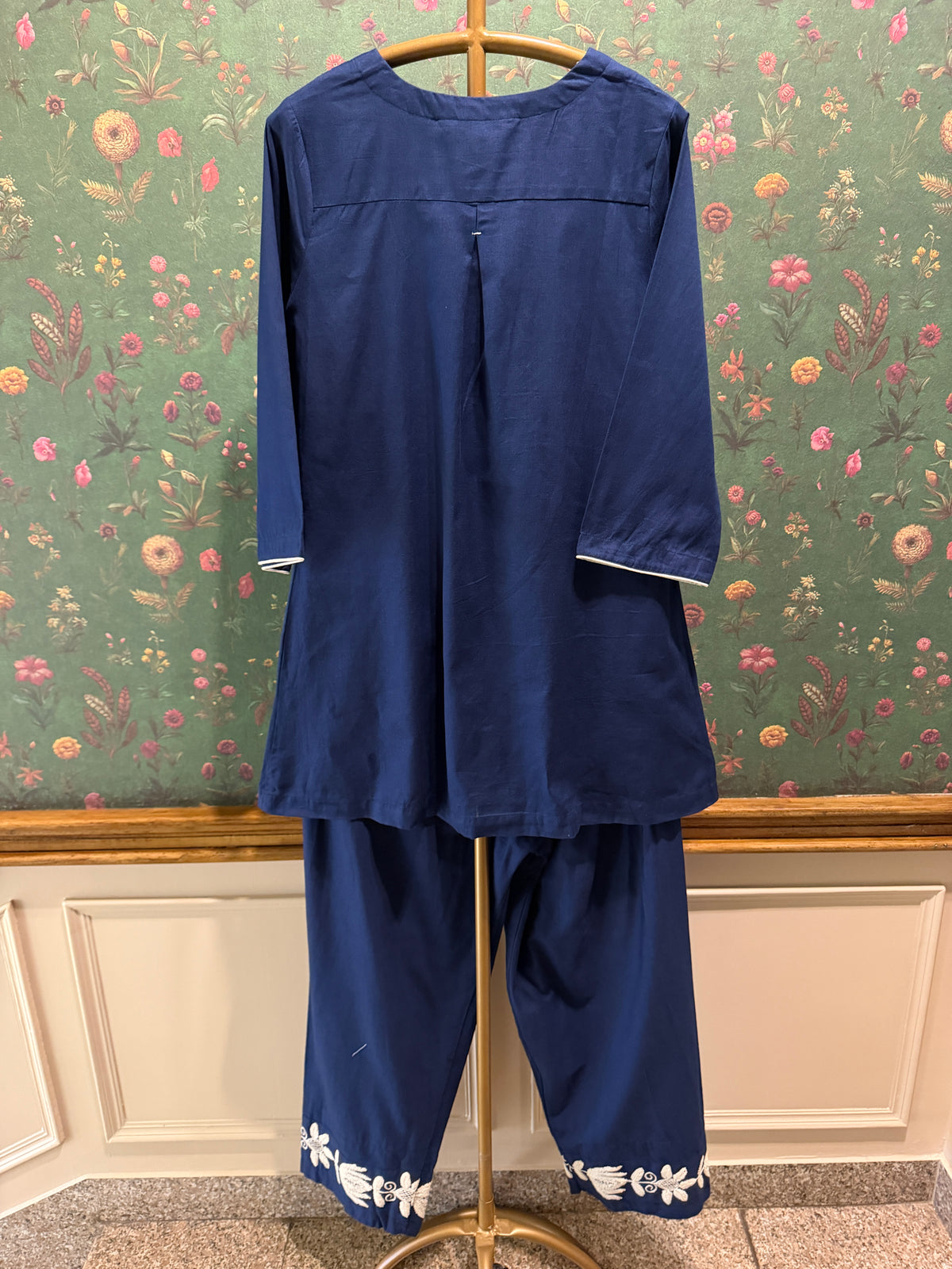 Navy Blue Lotus Embroidered Kurta Set