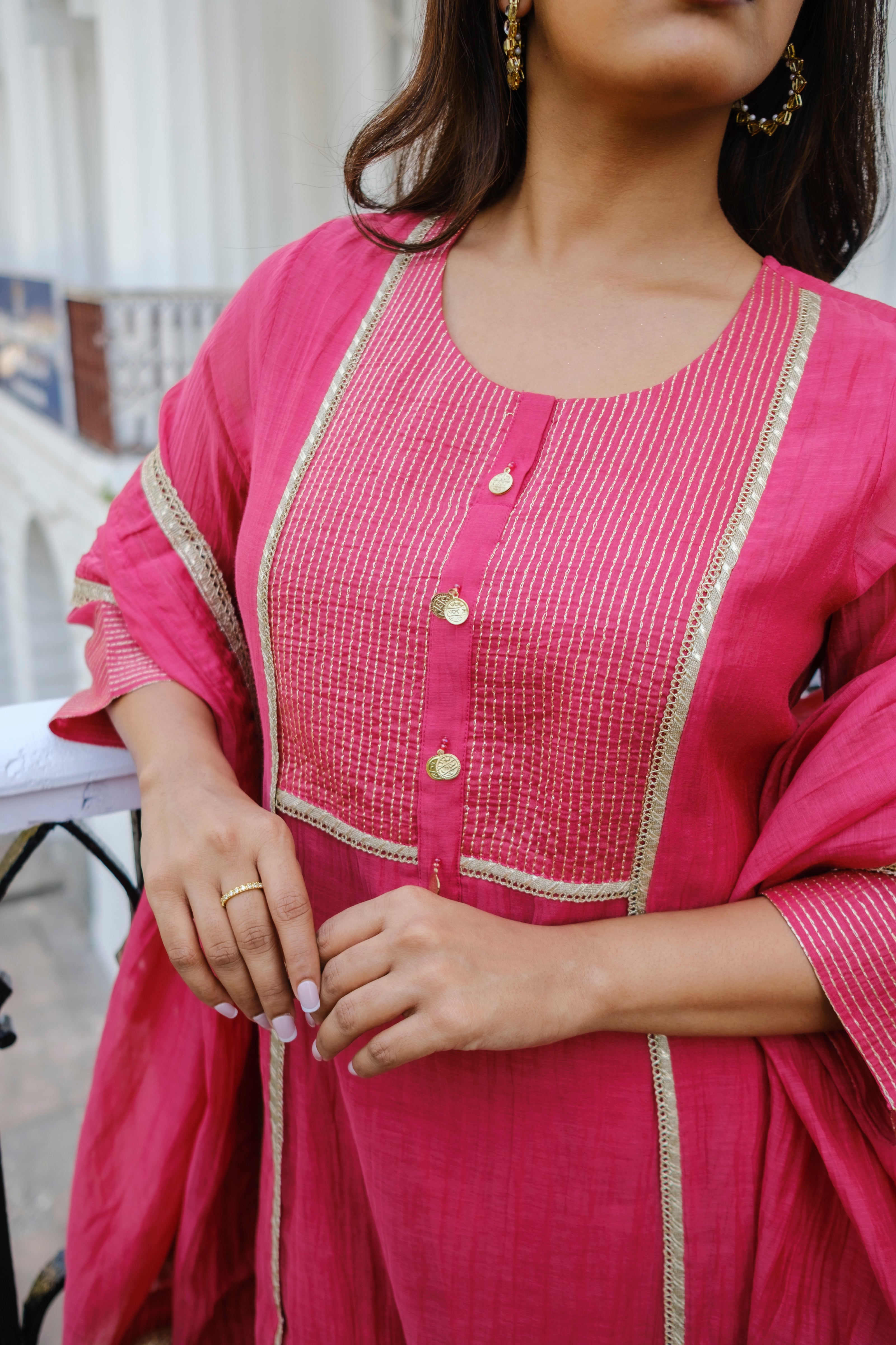 Meher Handcrafted Mul Chanderi A-Line Suit Set | HER-621