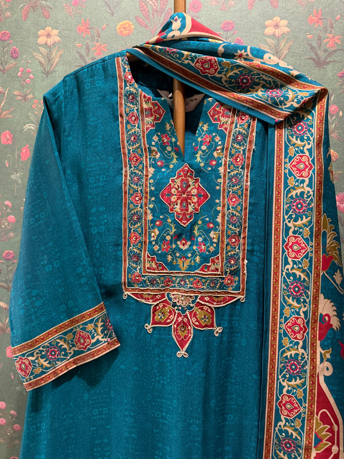 Teal Green Printed Soft Silk Suit Set