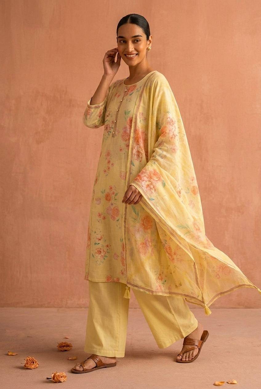 Pastel Yellow Floral Printed Cotton Linen Suit Set | HER-773