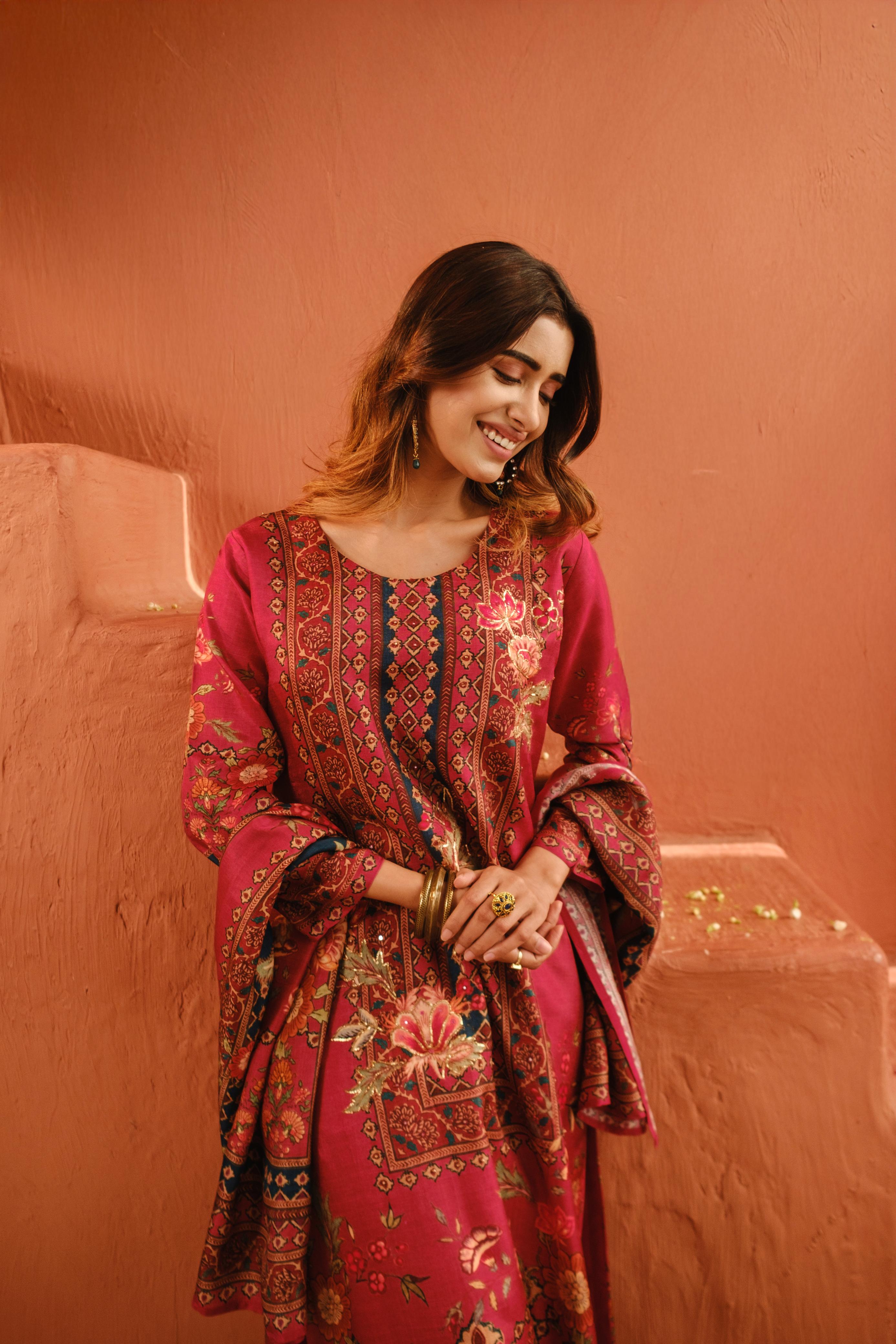 Deep Rose Pink Dola Jacquard Suit Set with Dabka work | HER-485