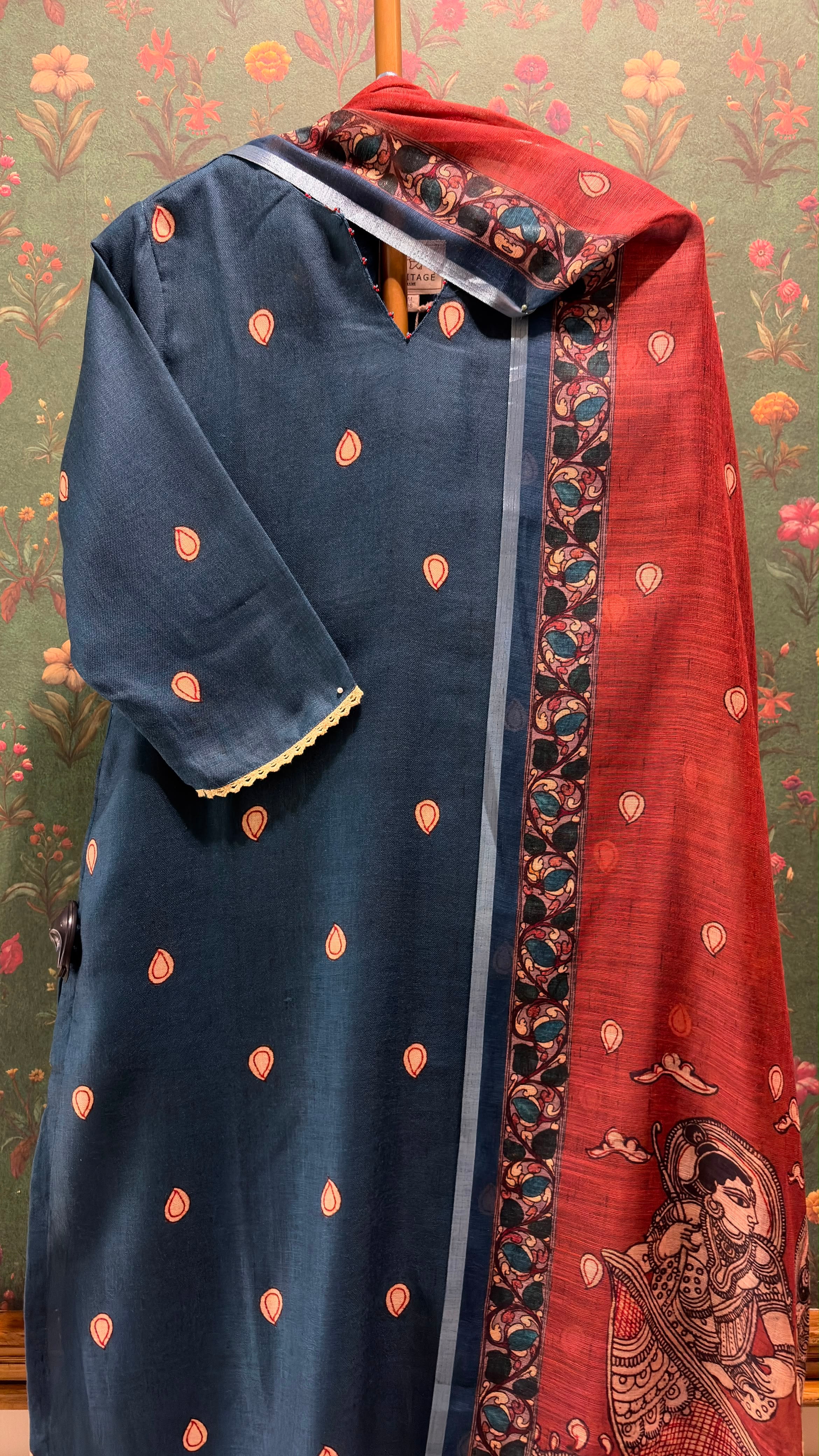 Teal Blue Madhubani Cotton Suit Set | HER-642