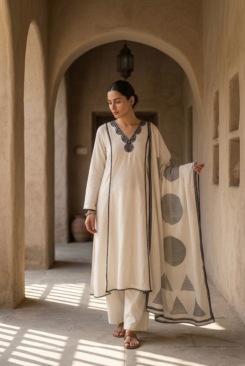 Ivory & Black Pure Linen A-line Suit Set | HER-823