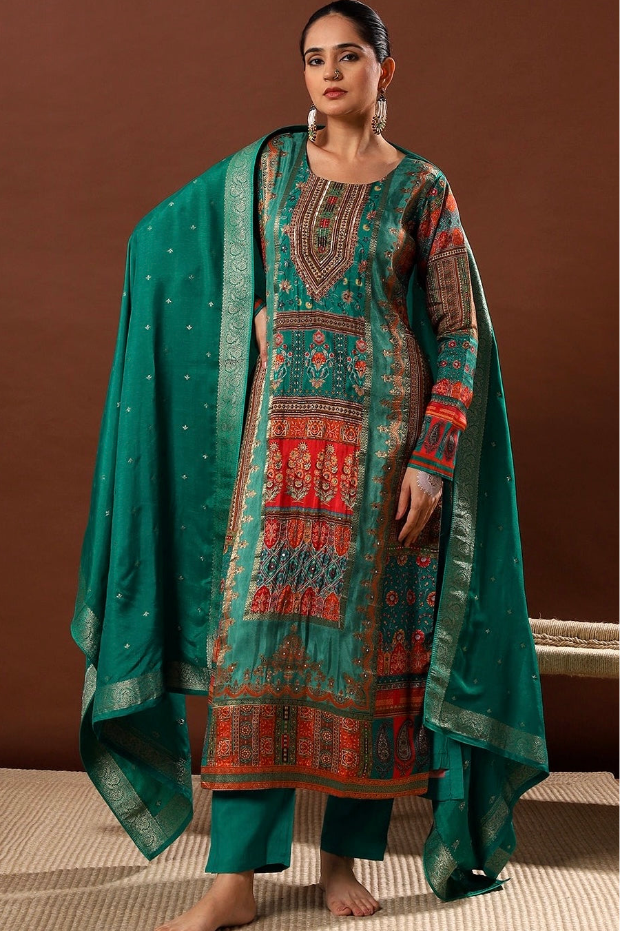 Emerald Green Dola Jacquard Suit Set | HER-482