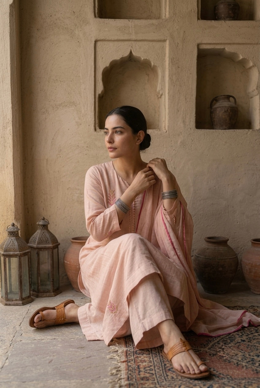 Blush Peach Pearl Embroidered Mul Chanderi A-Line Suit Set