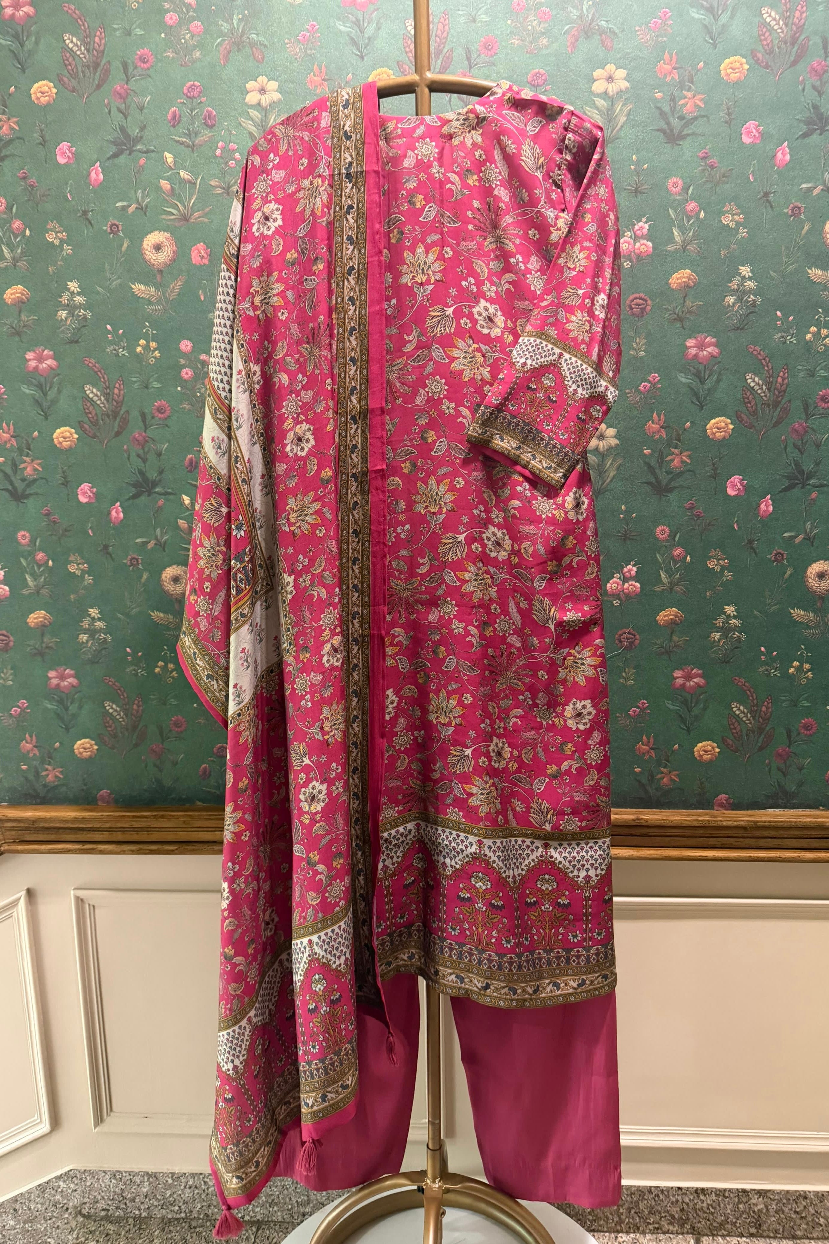 Gulnaar Rose Pink Jaal Printed Suit Set | HER-600