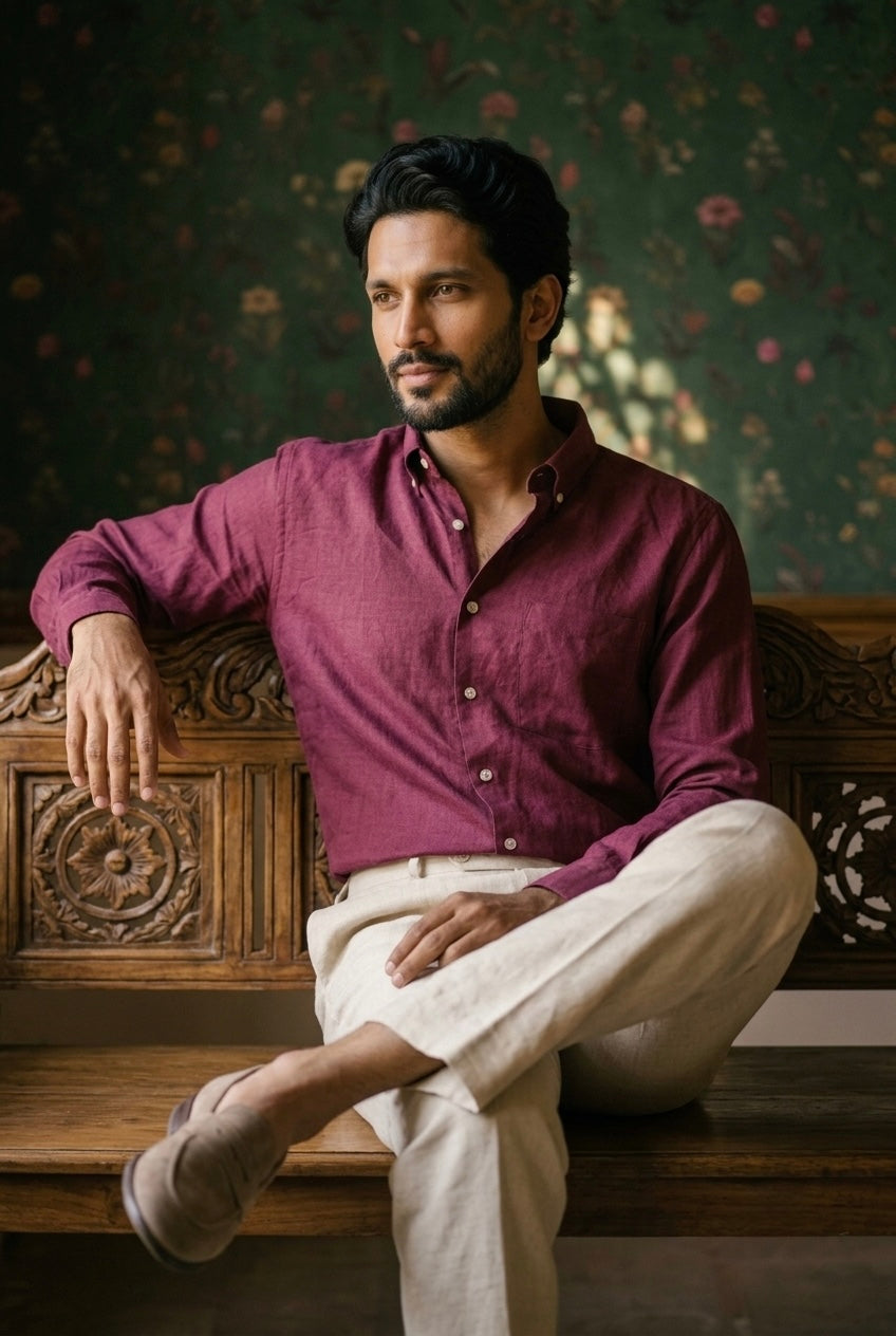 Men’s Wine Pure Linen Full Sleeves Shirt