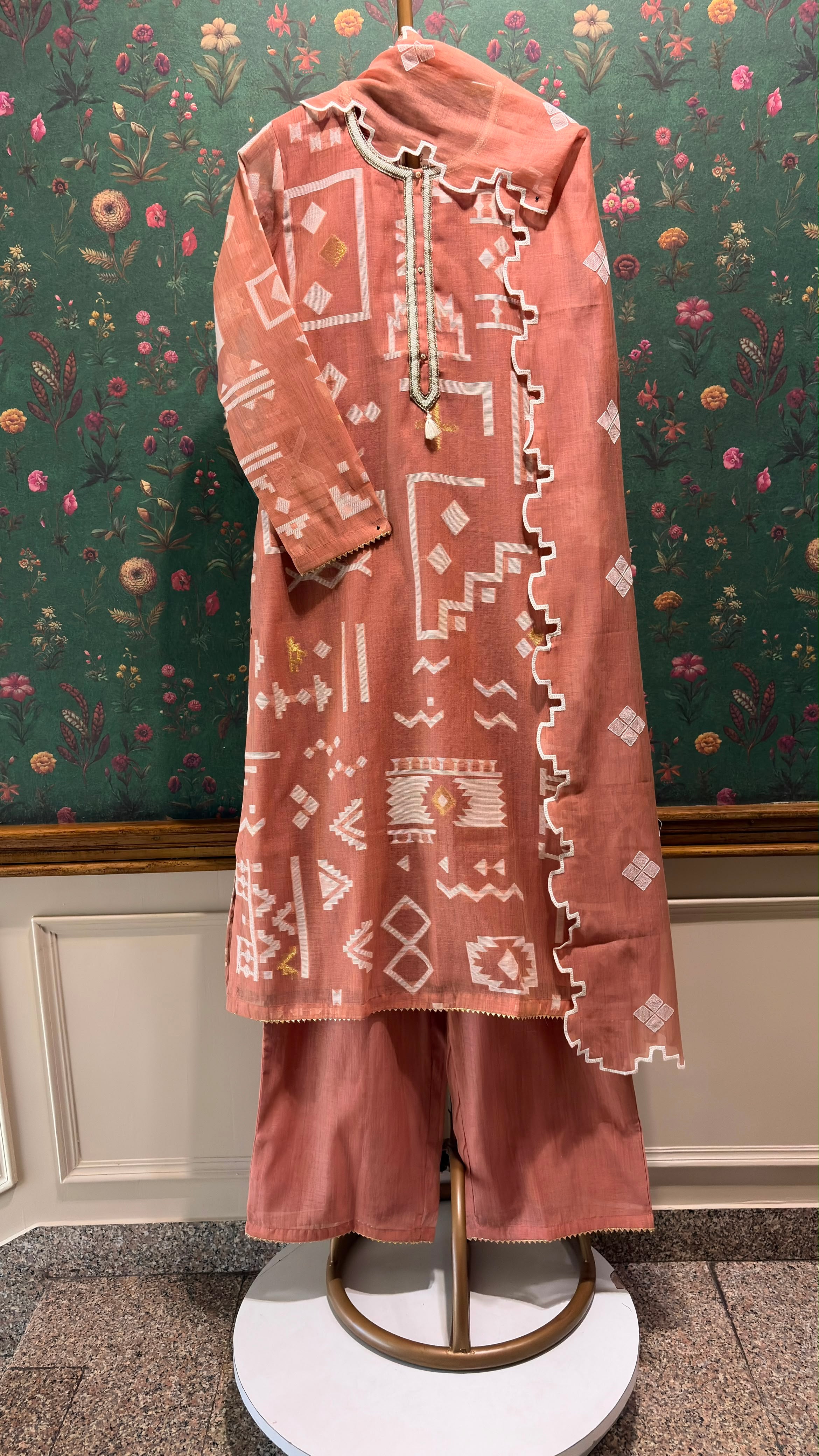 Coral Ikat-Inspired Chanderi Suit Set