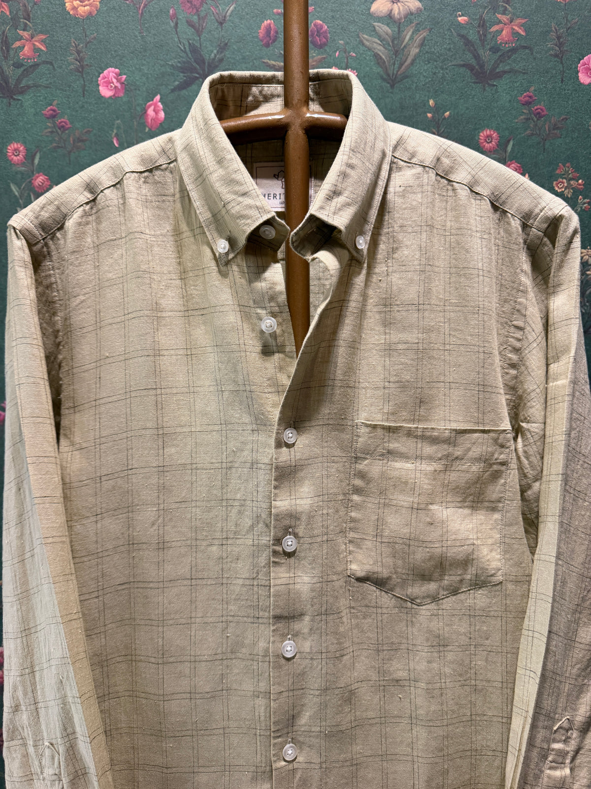 Men’s Sand Beige Windowpane Check Pure Linen Full Sleeves Shirt
