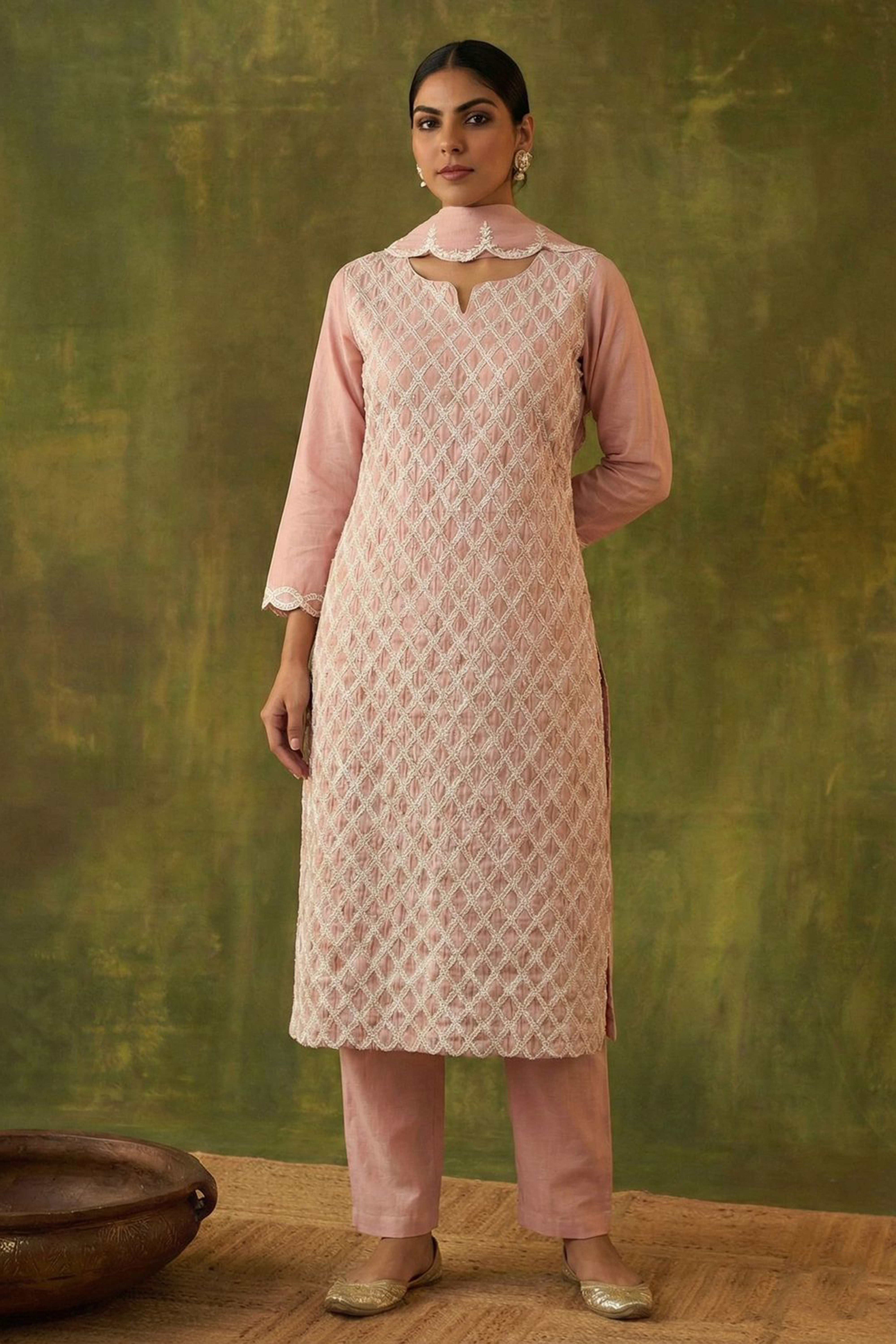 Millennial Pink Chanderi Suit Set with Lattice Embroidery | HER-392