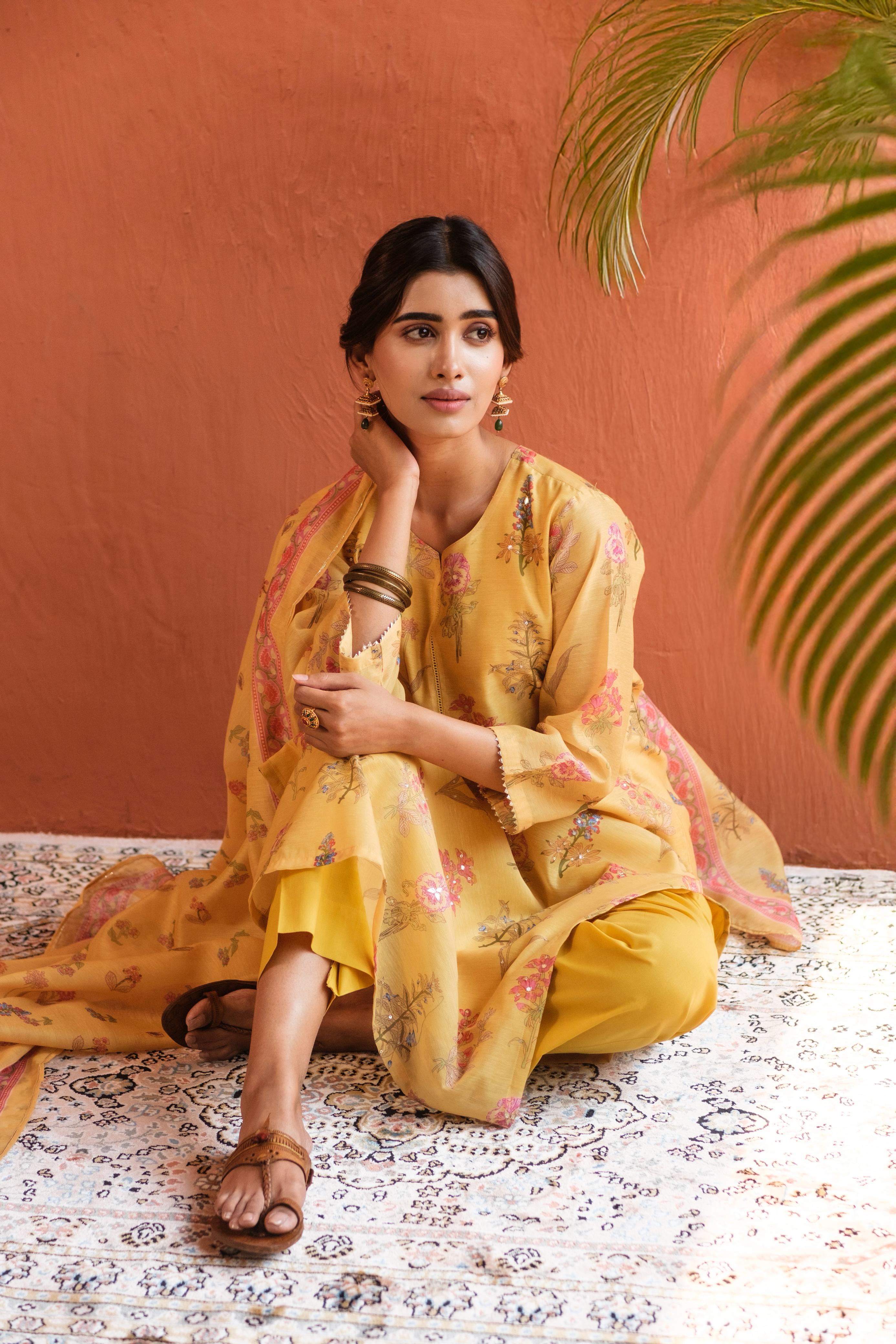 Floral Bloom Yellow Chanderi Suit Set | HER-420
