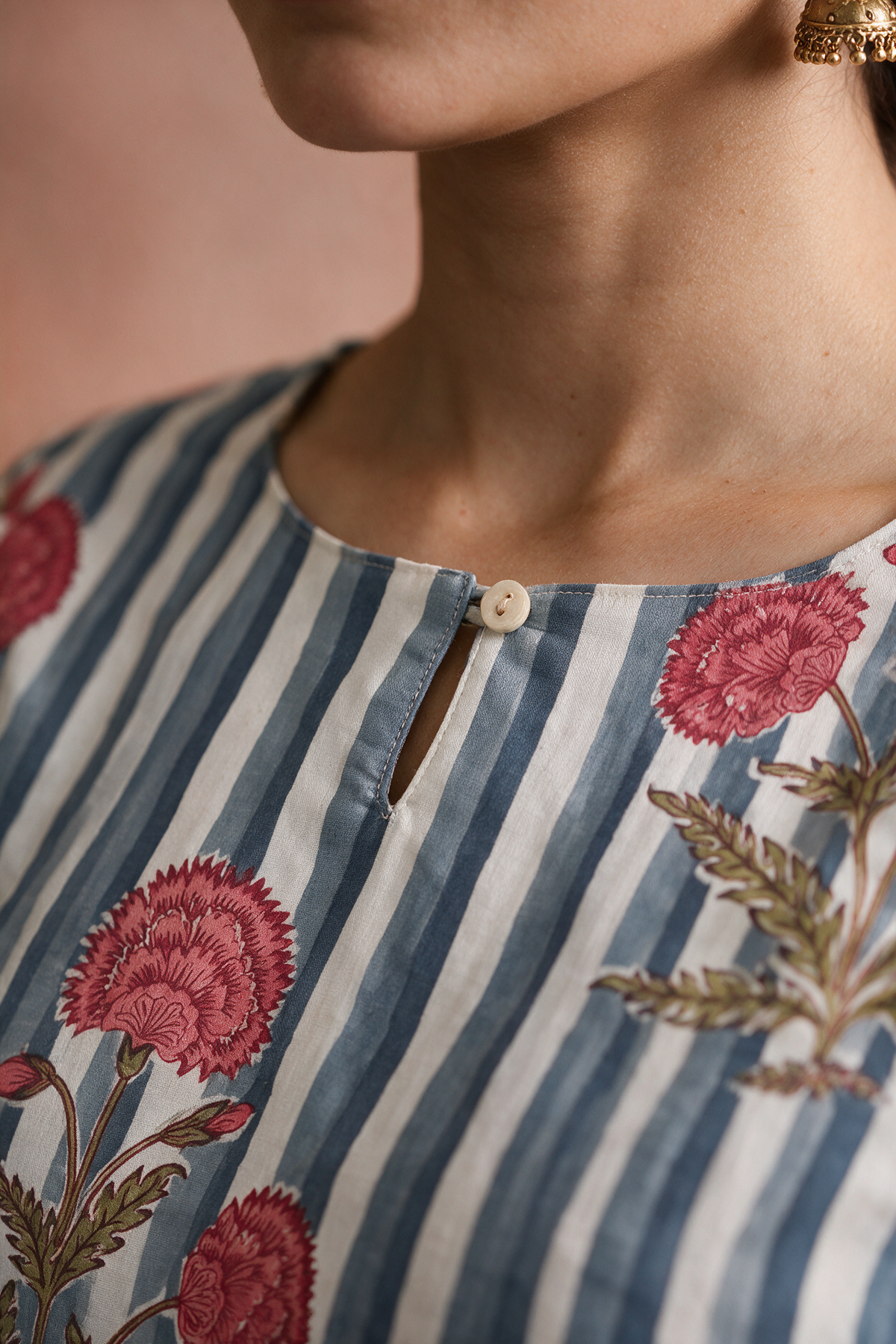 Blue Stripe Floral Cotton Kurta Set