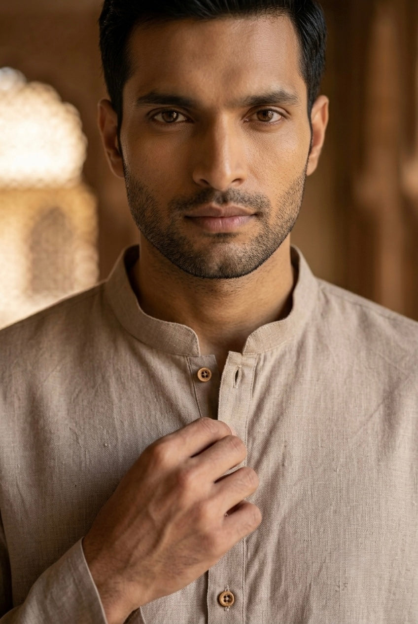 Men’s Pure Linen Kurta Pajama Set – Natural Beige