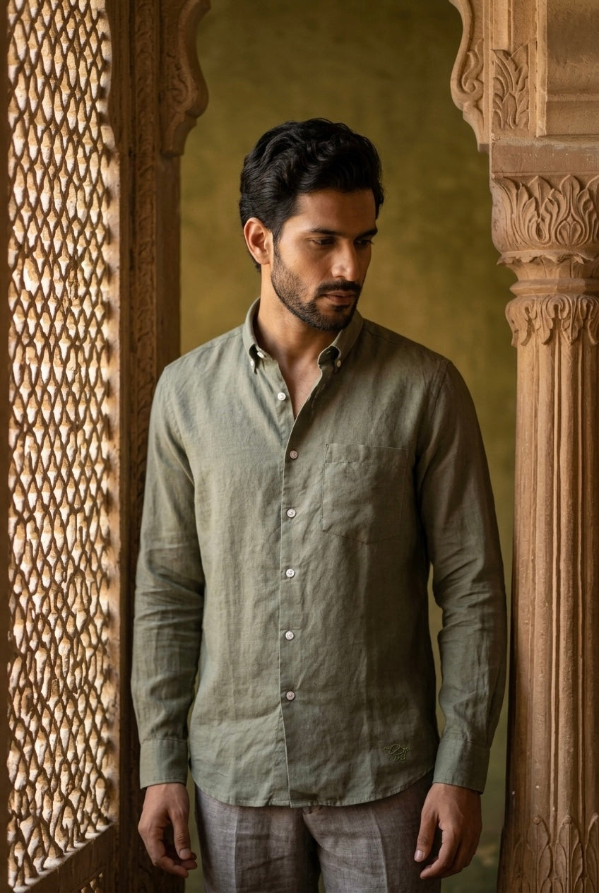 Men’s Sage Olive Green Pure Linen Full Sleeves Shirt