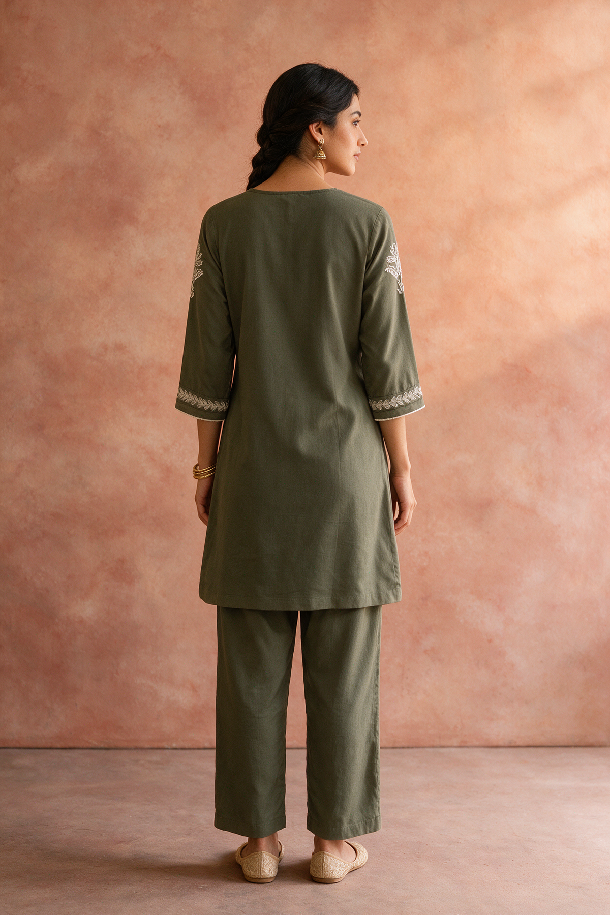 Olive Green Pleated Embroidered Kurta Set