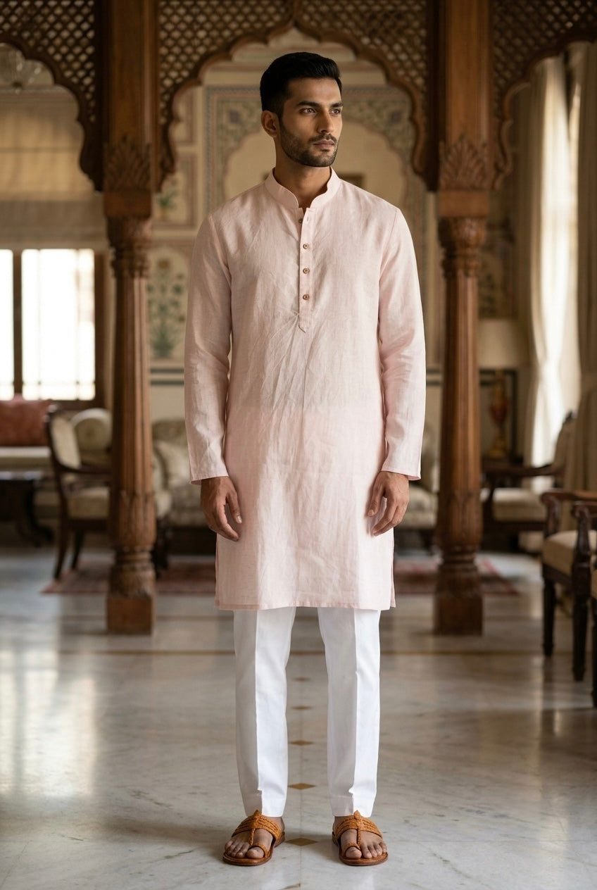 Men’s Pure Linen Kurta Pajama Set – Soft Blush Pink