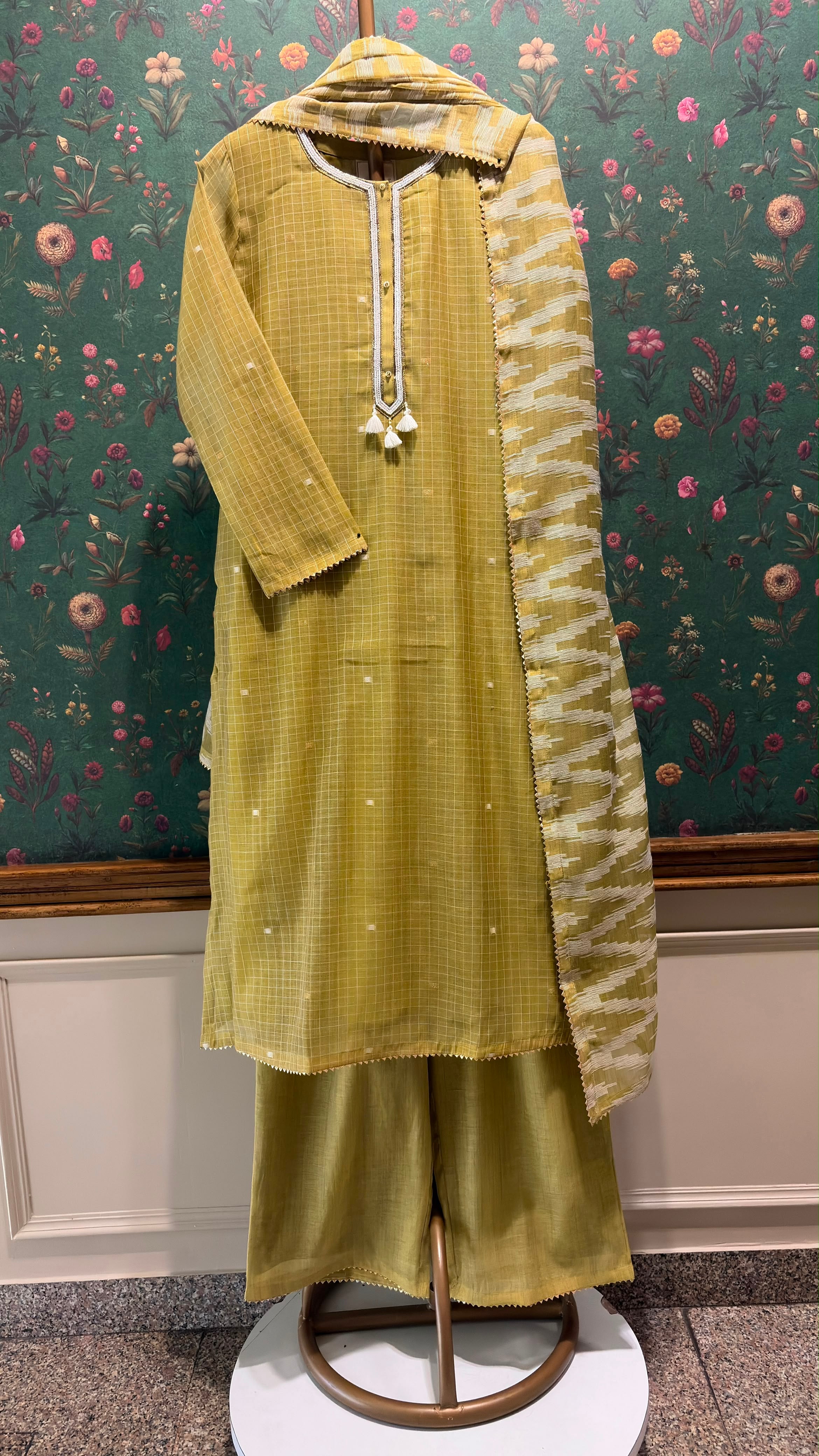 Olive Mustard Handwoven Check Pure Chanderi Suit Set